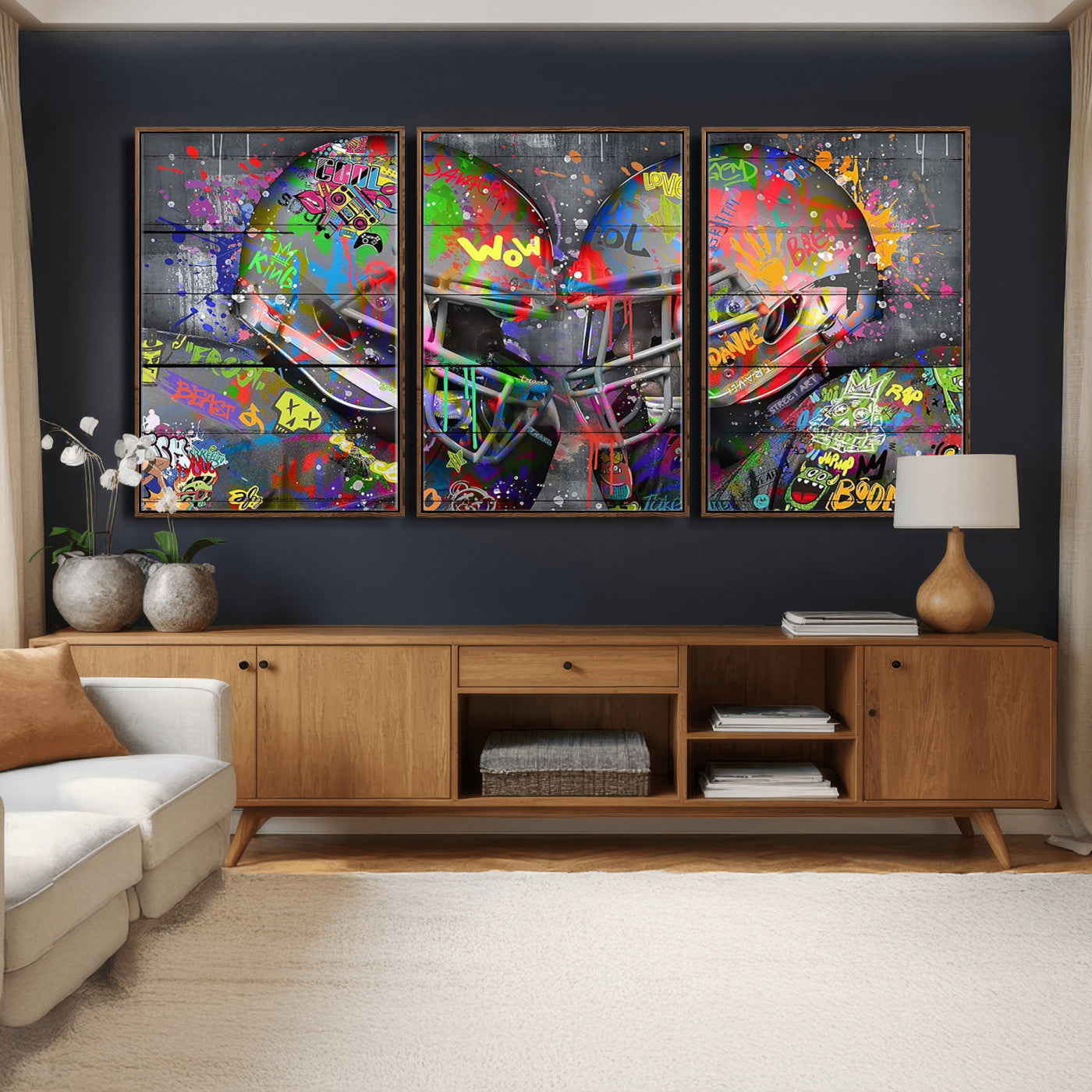 15309853-MGV-CV-36X24 - Graffiti Football Helmets Wall Art Canvas Print, Urban Street Art Sports Decor, Colorful American Football Graffiti Artwork