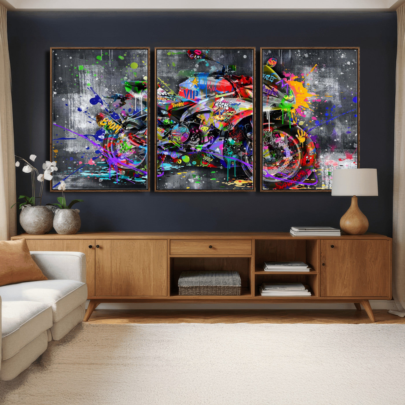 83021767-MGV-CV-36X24 - Graffiti Motorcycle Wall Art Canvas Print, Urban Street Art Motorbike Decor, Colorful Graffiti Sports Bike Artwork