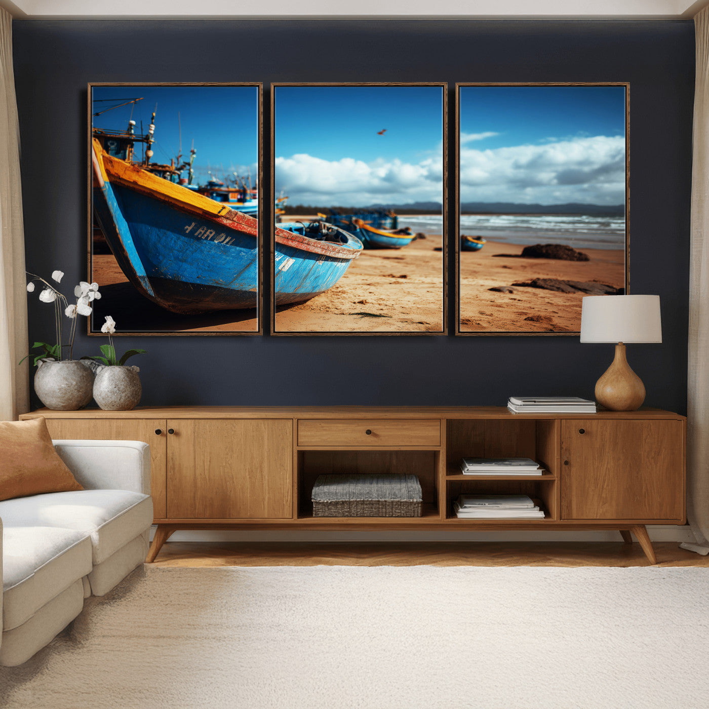 70925201-MGV-CV-36X24 - Fishing Boats Wall Art Canvas Print, Coastal Boat Beach Scene, Nautical Seaside Artwork, Ocean Shore Decor, Coastal Home Wall Art