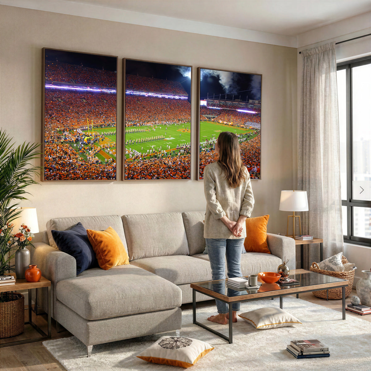 43662631-MGV-CV-36X24 - Clemson Football Stadium Wall Art Canvas Print, College Football Crowd Night Game Scene, Orange Stadium Panorama Wall Decor