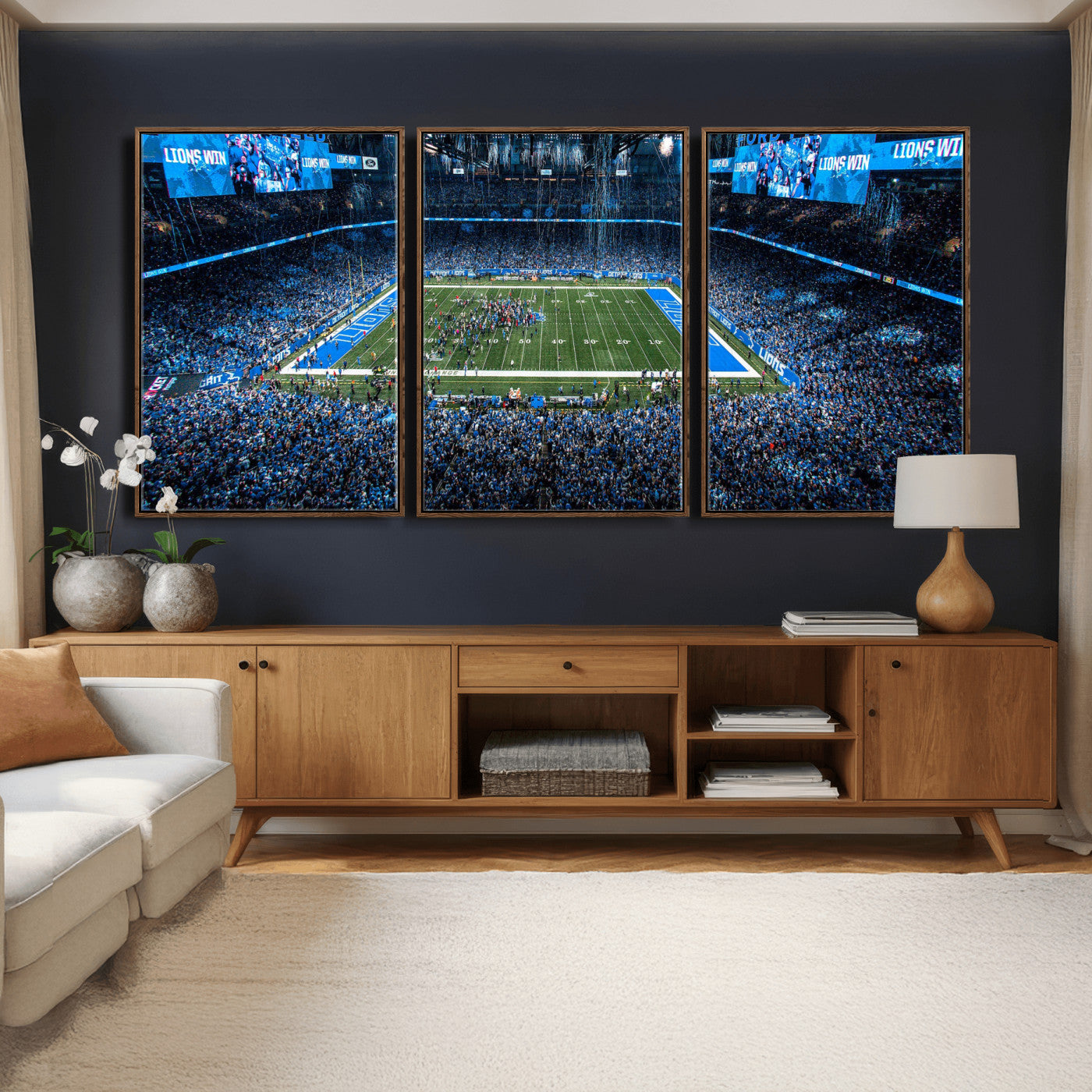 80882005-MGV-CV-36X24 - Detroit Lions Stadium Wall Art Canvas Print, Football Field Panorama Artwork, NFL Game Night Stadium Decor