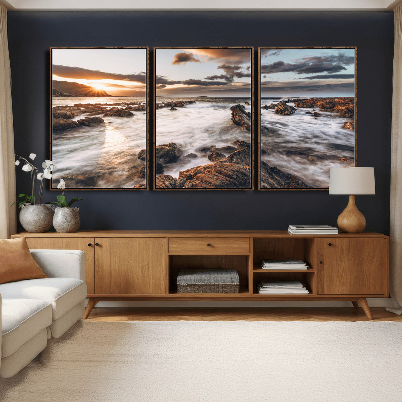 66746024-MGV-CV-36X24 - Rocky Coast Ocean Sunset Wall Art Canvas Print, Dramatic Seascape Nature Wall Decor for Living Room and Office