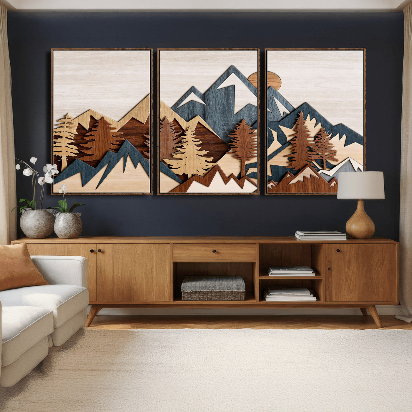 39888898-MGV-CV-36X24 - Layered Wooden Mountain Wall Art Canvas Print, Modern Rustic Forest and Pine Landscape Wall Decor