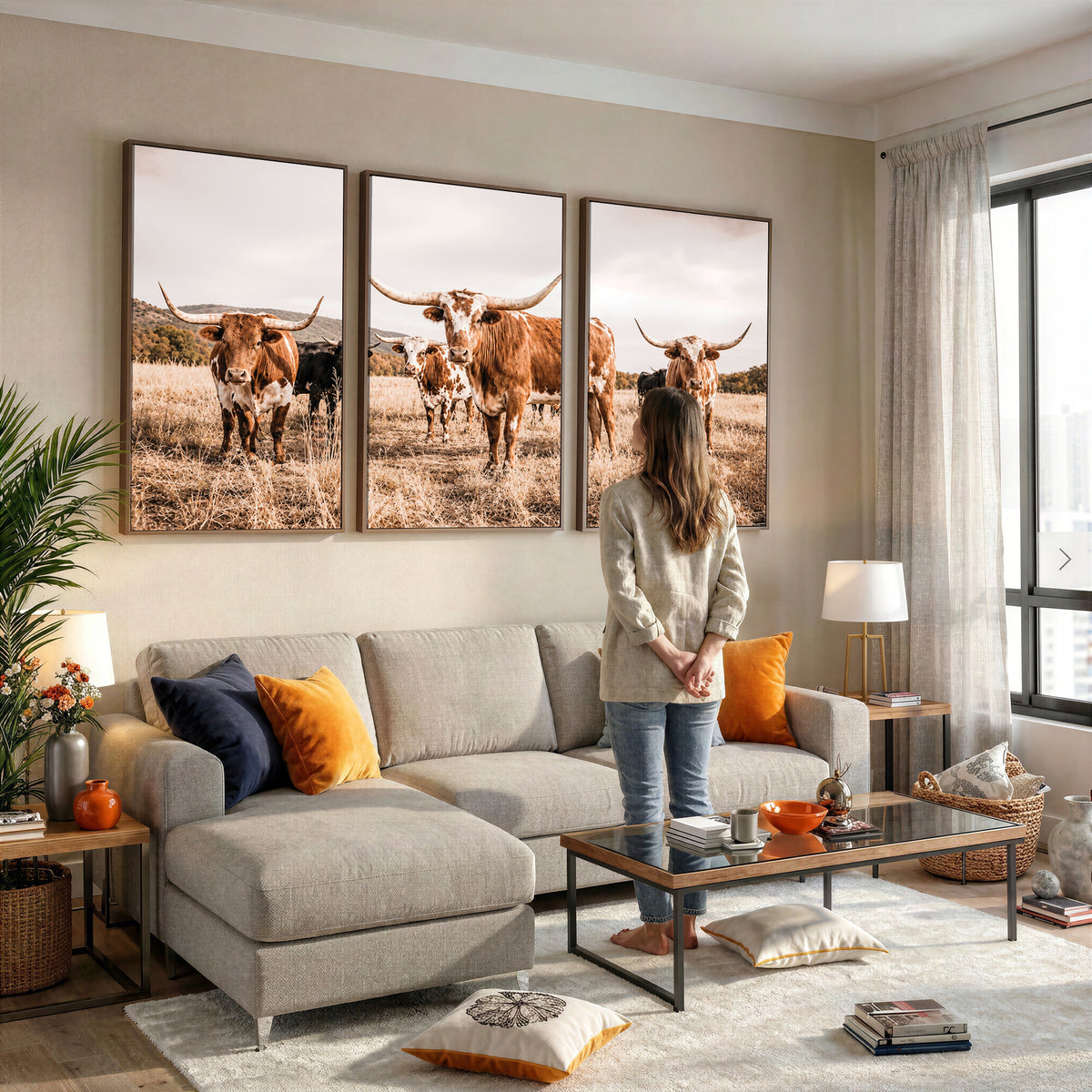 27539727-MGV-CV-36X24 - Texas Longhorn Cattle Wall Art Canvas Print, Sepia Western Decor