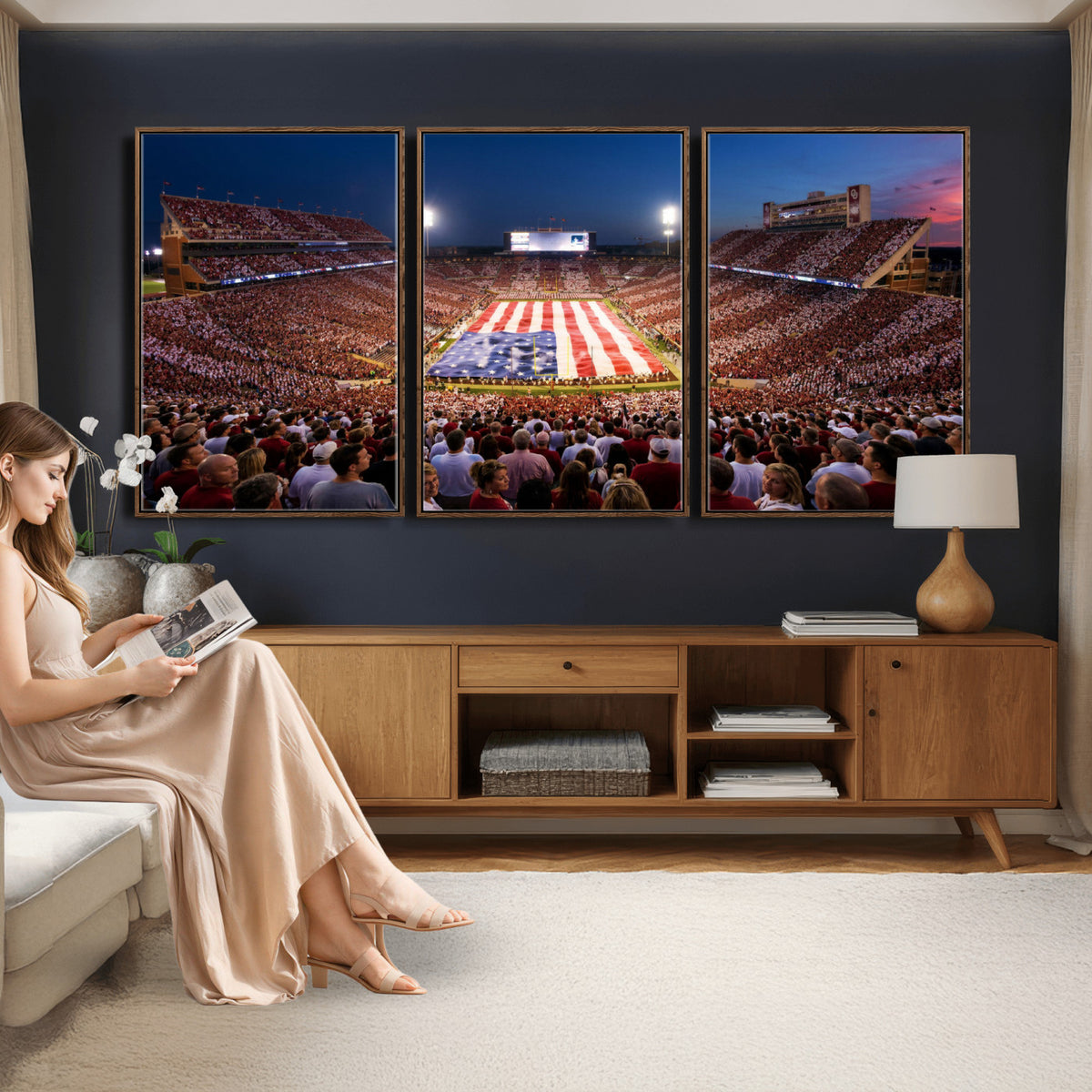 59917418-MGV-CV-36X24 - Oklahoma Memorial Stadium Wall Art Canvas Print – Oklahoma Sooners Football Artwork for Home, Office, and Sports Room Decor
