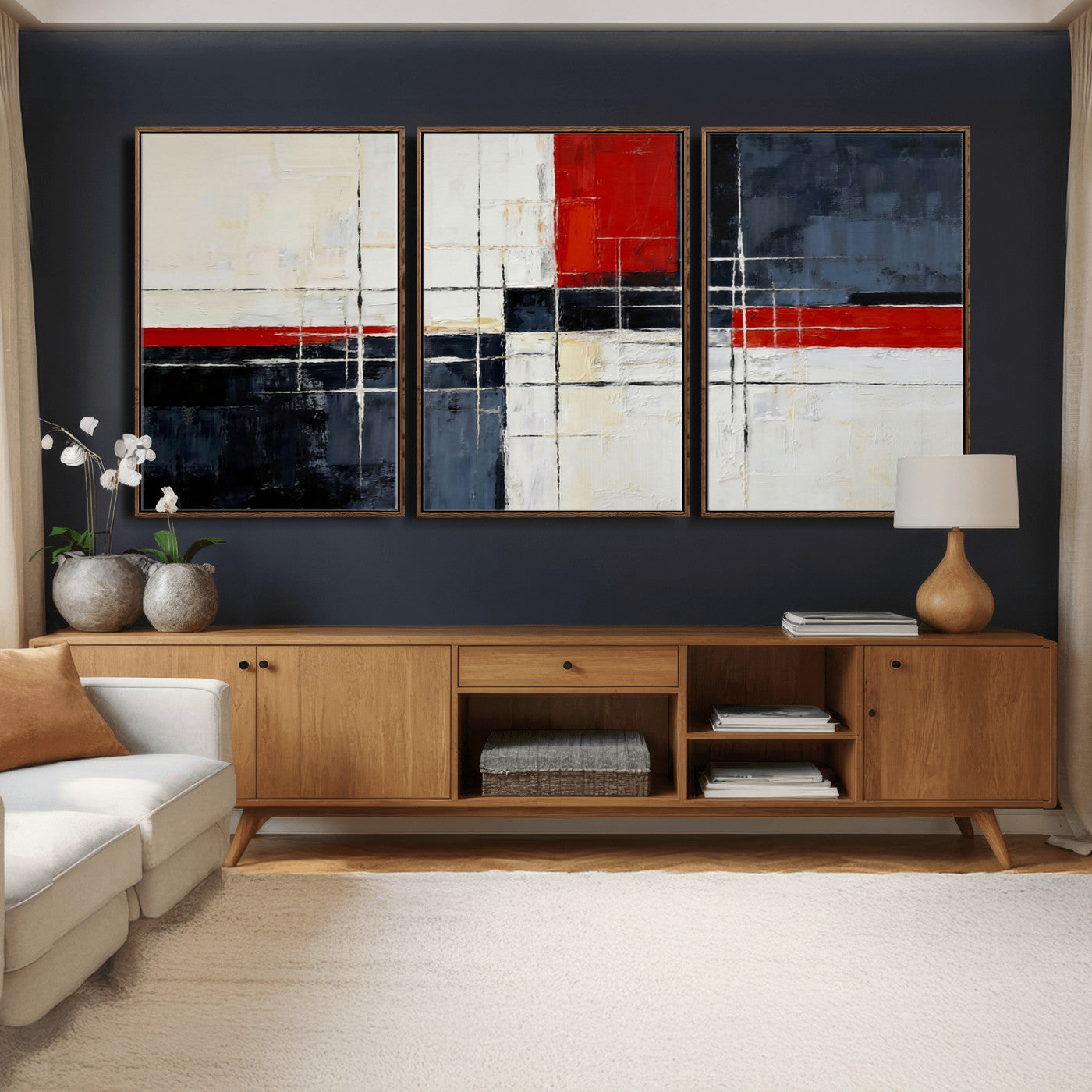 44088165-MGV-CV-36X24 - Navy Red Abstract Wall Art Canvas Print, Modern Luxury Geometric Painting Wall Decor for Living Room and Office