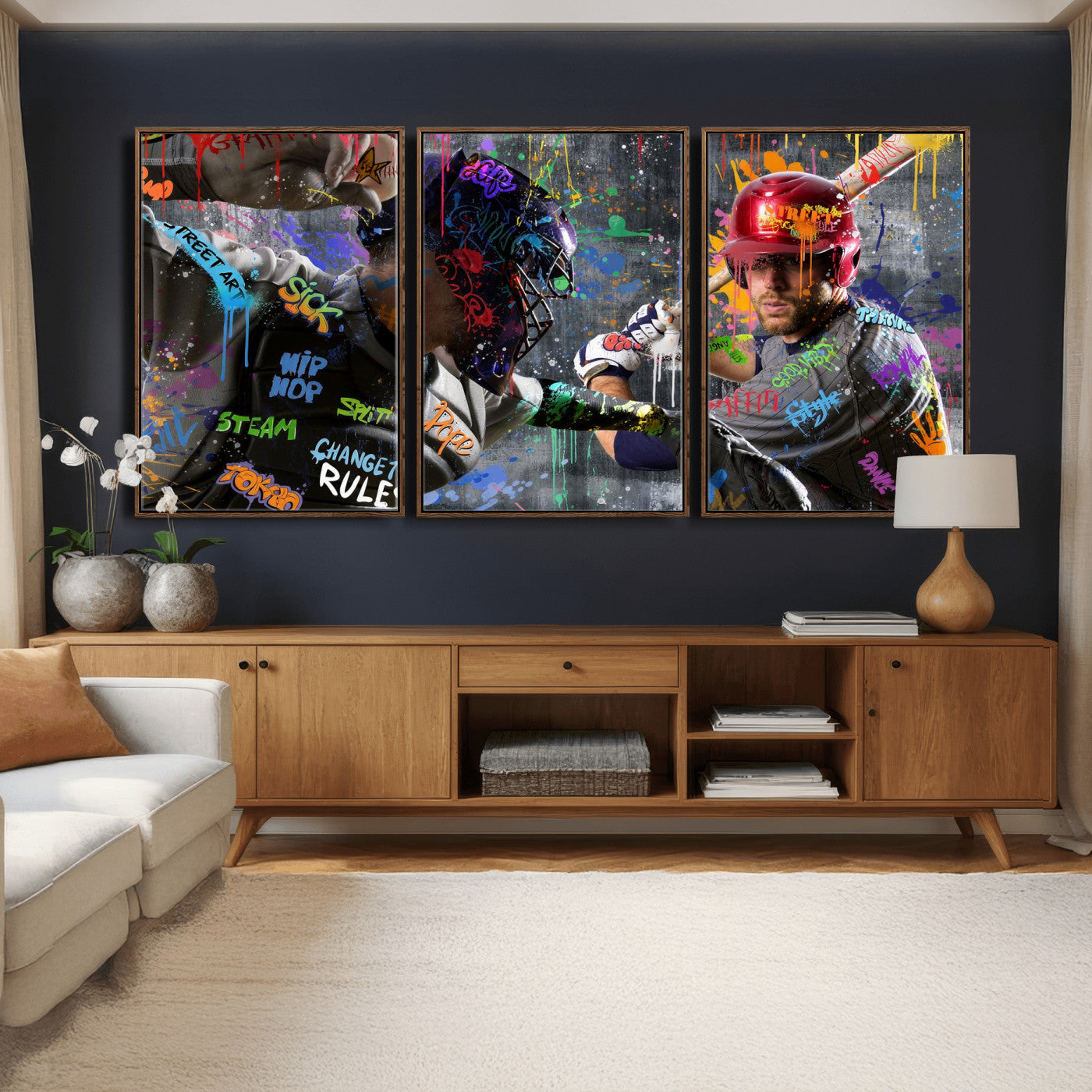 19634994-MGV-CV-36X24 - Graffiti Baseball Player Street Art Wall Art Canvas Print, Urban Sports Pop Art Baseball Canvas Print, Modern Athletic Graffiti Contemporary Art Printing