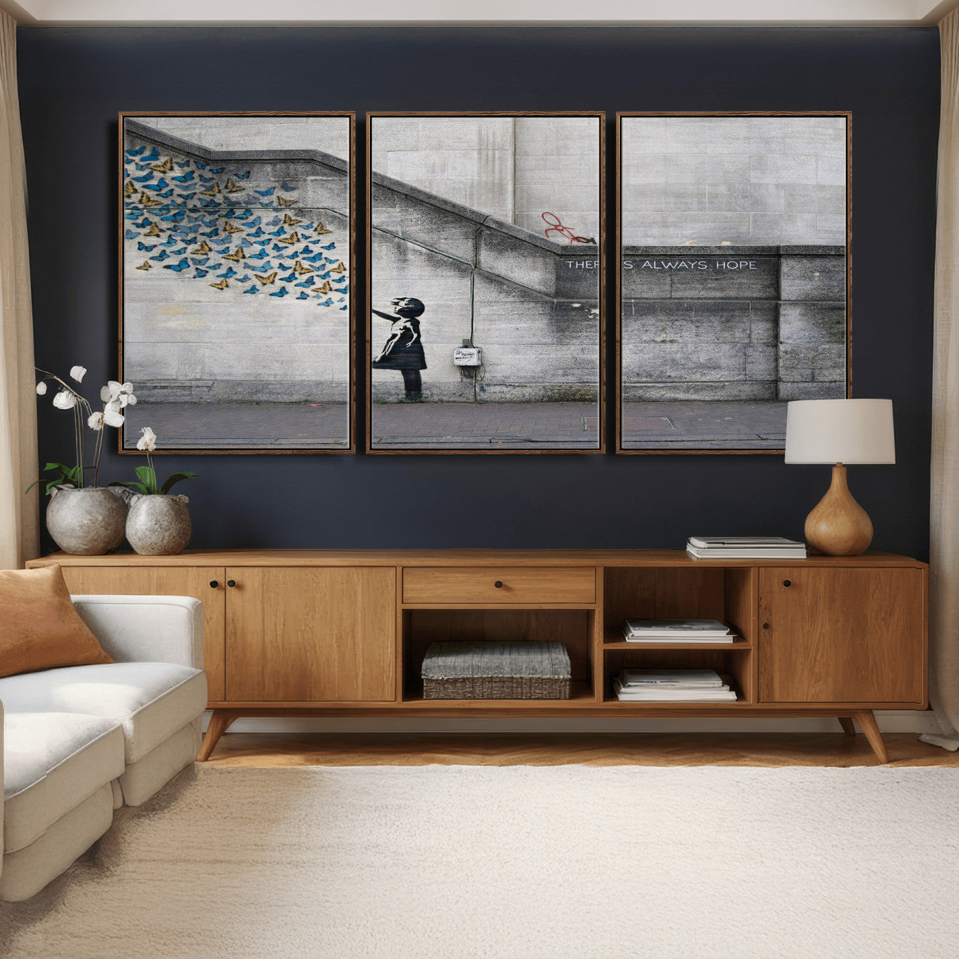 15274223-MGV-CV-36X24 - Banksy Girl with Butterflies Street Art Wall Art Canvas Print, Hope Graffiti Urban Art Canvas Print, Minimalist Inspirational Street Art Contemporary Art Printing