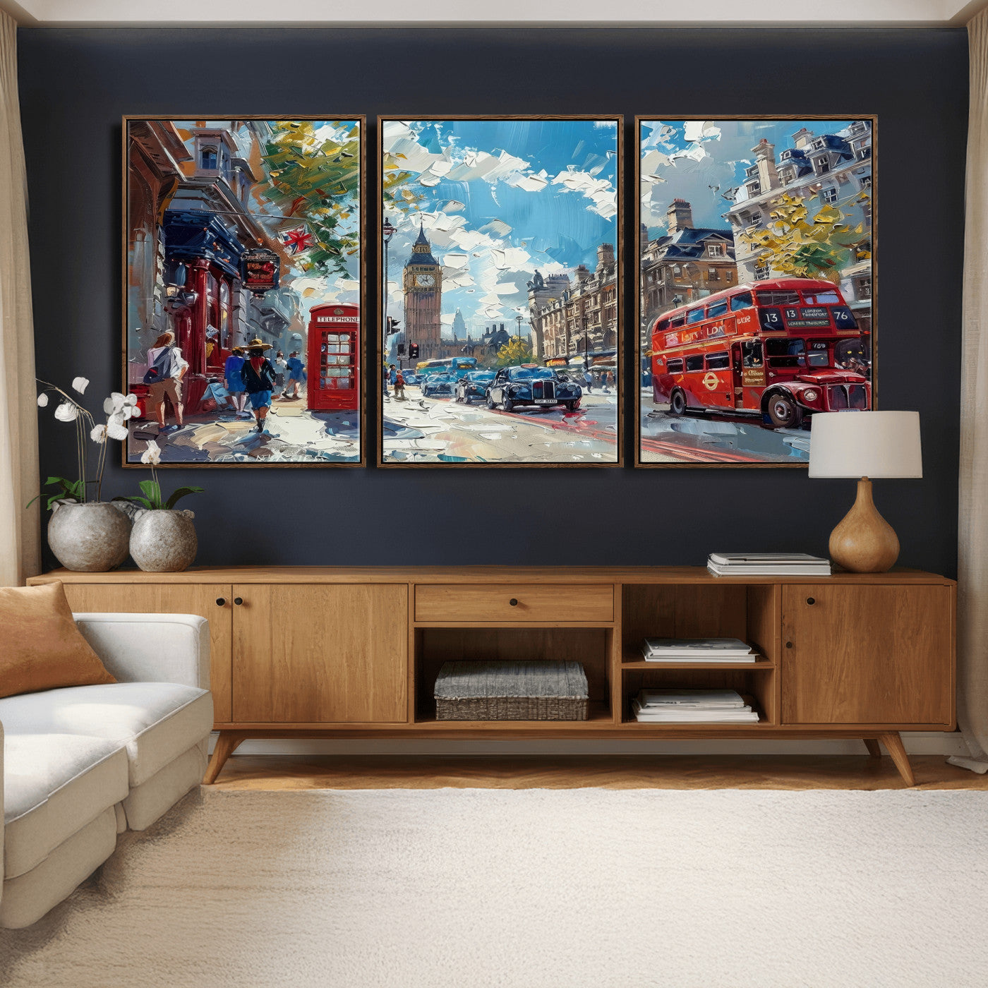 17630888-MGV-CV-36X24 - Modern London City Street Wall Art Canvas Print, Big Ben & Red Bus Artwork Canvas Print
