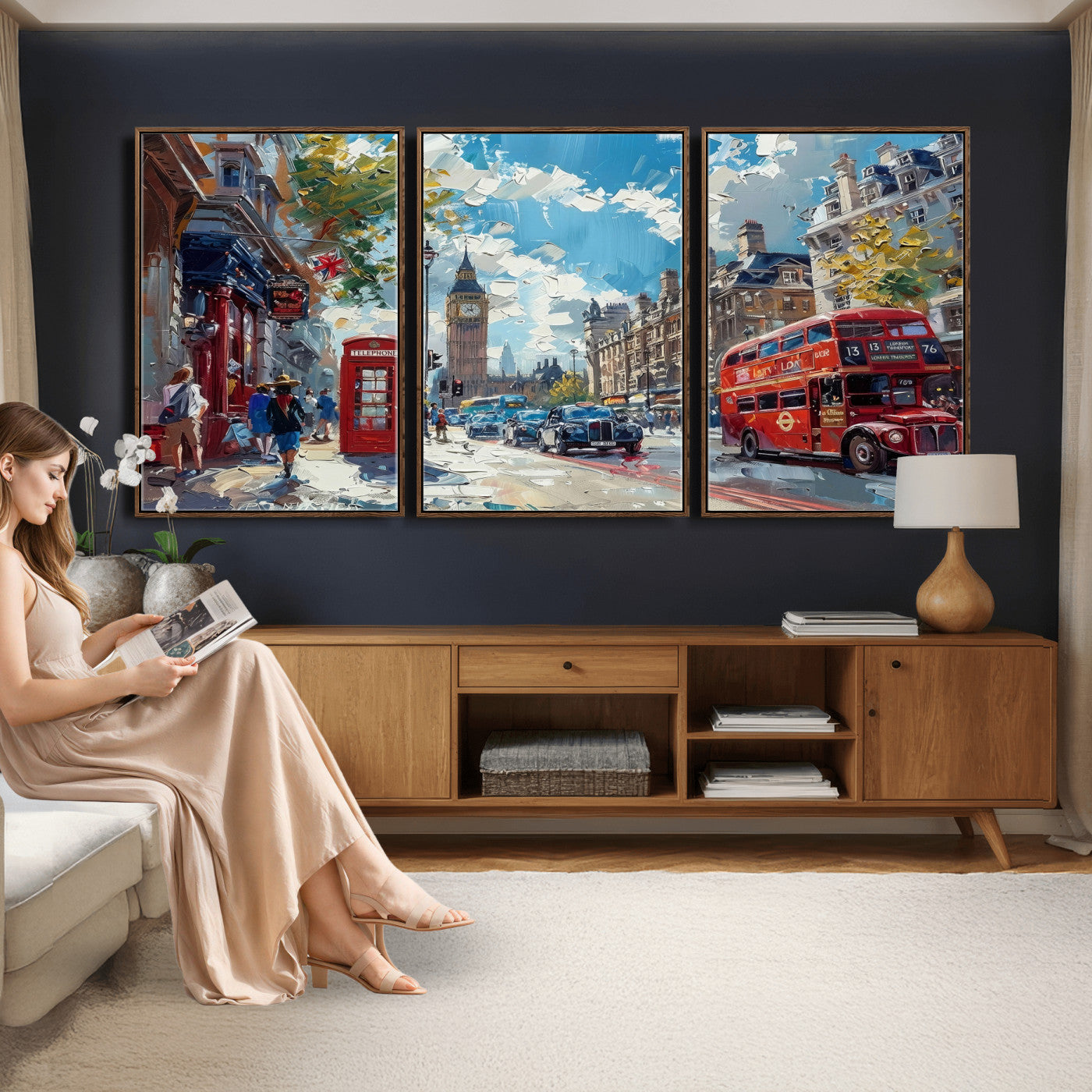 17630888-MGV-CV-36X24 - London Street Canvas Wall Art — Big Ben Red Bus Print | Oil Painting Style | UK City Wall Decor | Travel Art Gift | Living Room Print