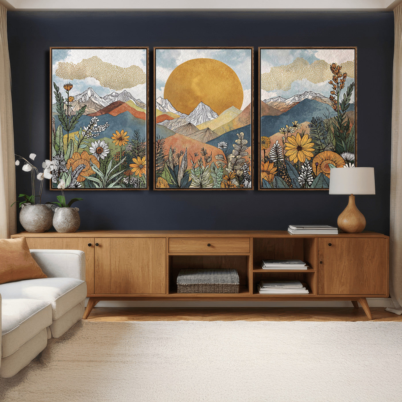 17540863-MGV-CV-36X24 - Boho Mountain Landscape Large Wall Art, Horizontal Gold Framed Canvas Print with Sun and Flowers