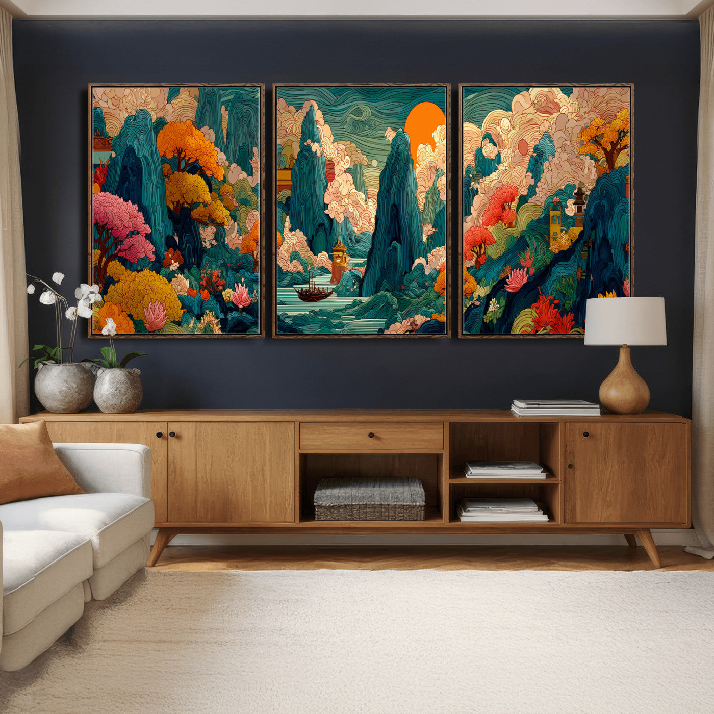 90422518-MGV-CV-48X32-3P - Colorful Japanese Landscape Print: Maximalist Panoramic Wall Art