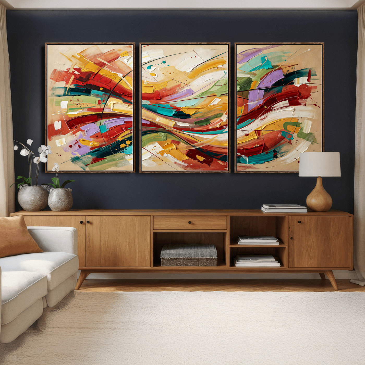 39887645-MGV-CV-36X24 - Geometric Abstract Wall Art Canvas Print, Orange Blue Abstract Expressionist Painting Print, Modern Geometric Abstract Canvas Art