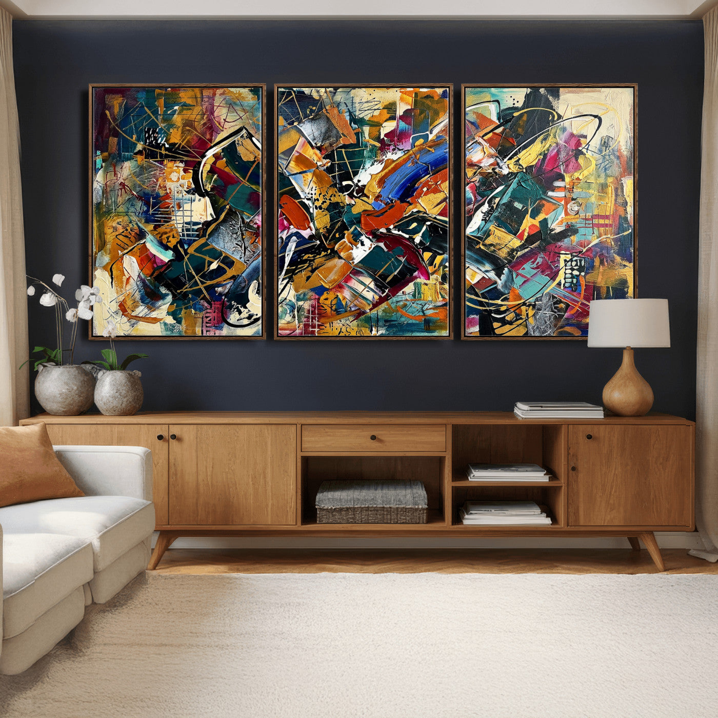 15525527-MGV-CV-36X24 - Geometric Abstract Wall Art Canvas Print, Orange Blue Abstract Expressionist Painting Print, Modern Geometric Abstract Canvas Art