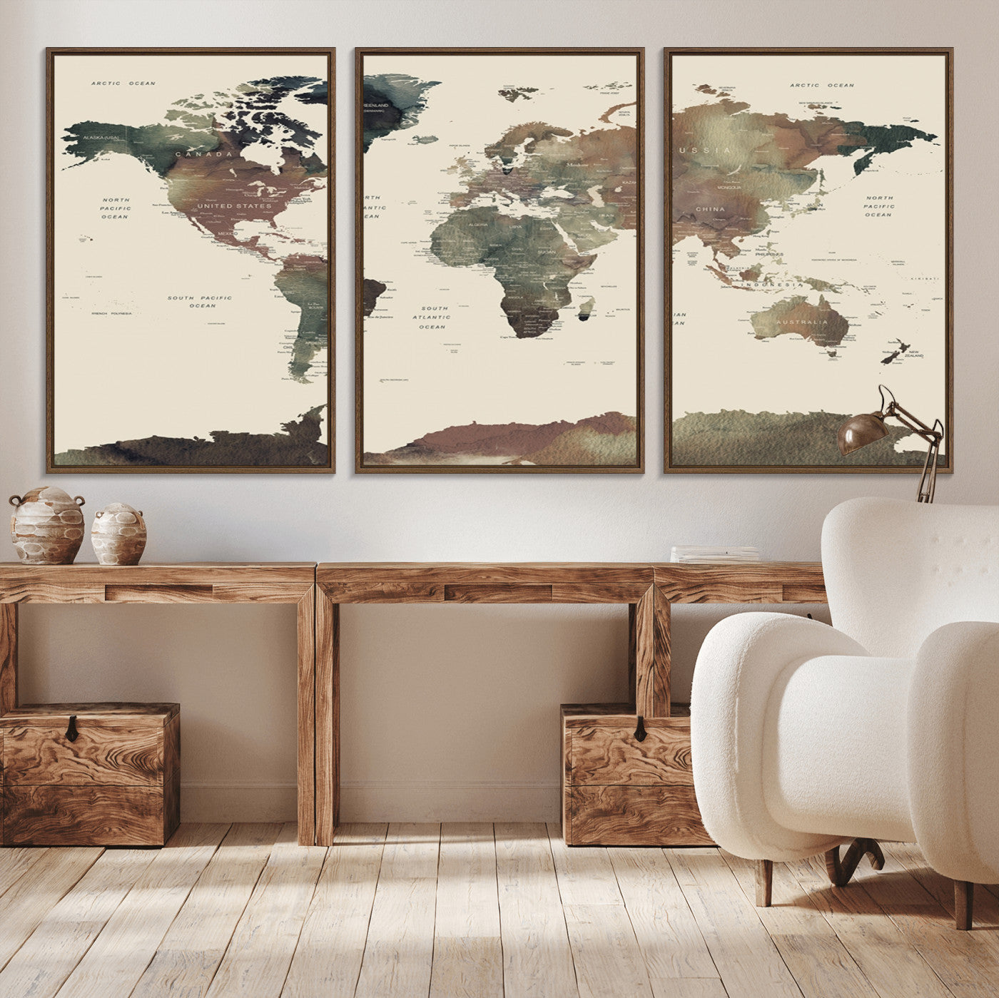 23199-MGV-CV-36X24-Neutral Watercolor World Map Canvas Wall Art – Framed Earth Tone Map Print, Minimalist Travel Artwork for Modern Home and Office Decor