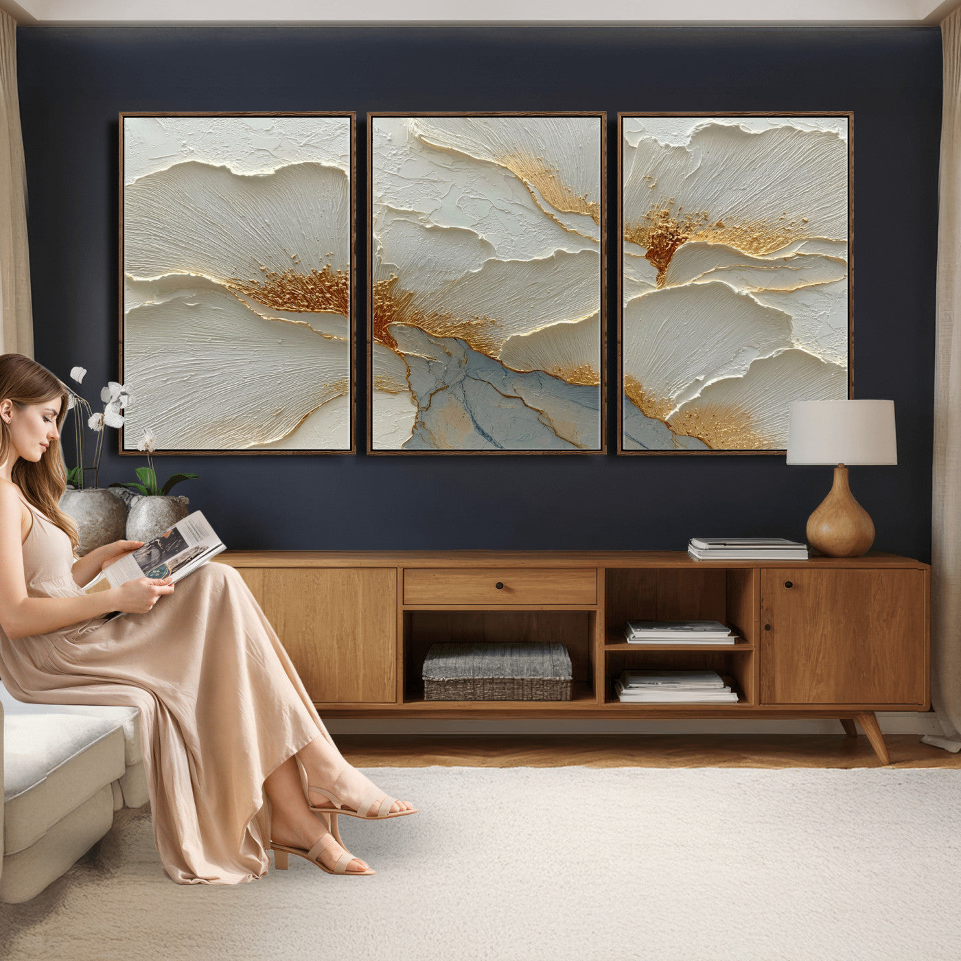 4712069F1-MGV-CV-36X24 - White Gold Floral Canvas Wall Art — Textured Flower Print | Luxury Botanical Decor | Elegant Bedroom Art | Gold Leaf Wall Art Gift