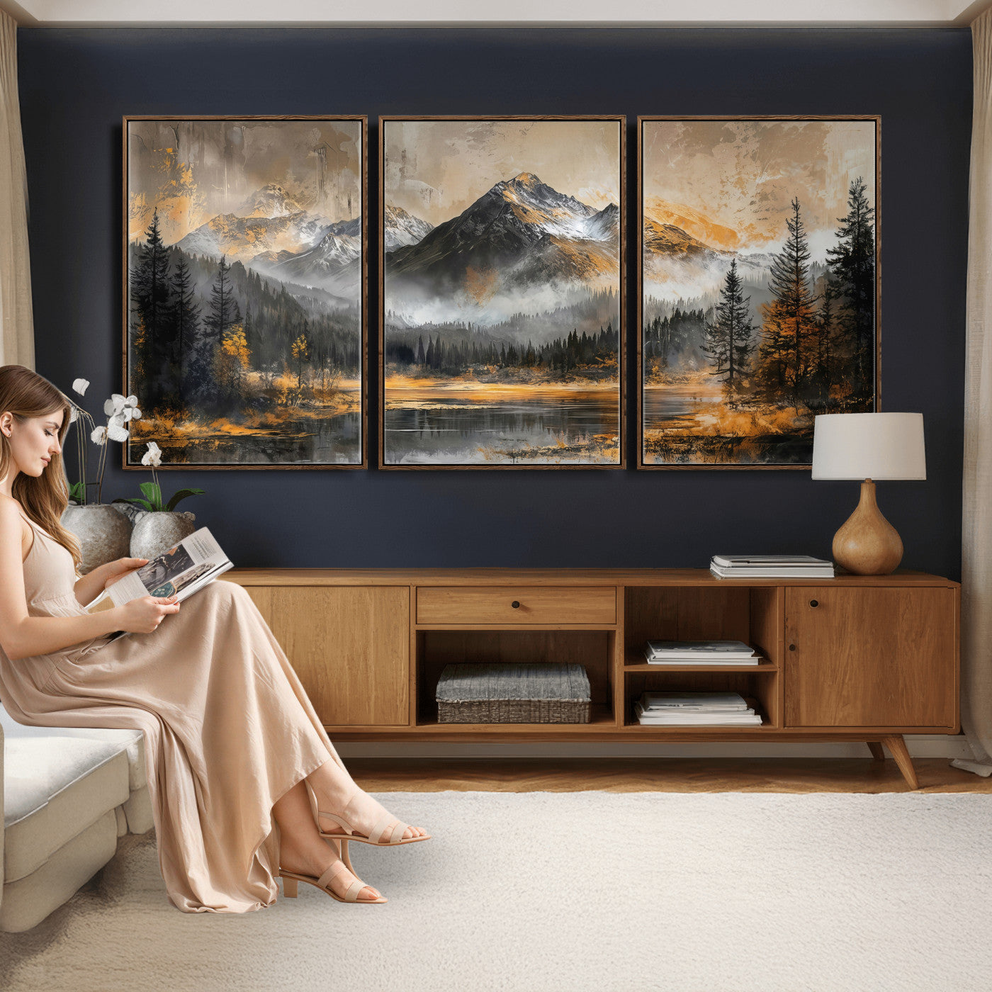 4712069D1-MGV-CV-36X24 - Mountain Lake Canvas Wall Art — Rustic Forest Landscape Print | Gold Grey Nature Decor | Cabin Wall Art | Large Wilderness Art Print Gift