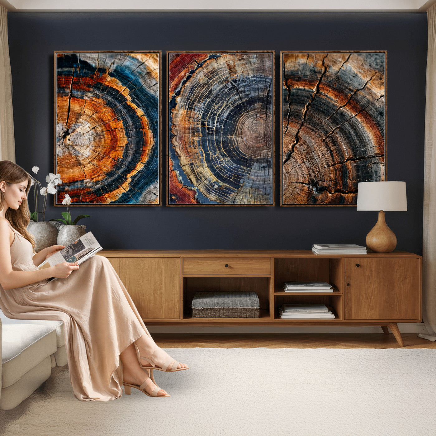 4712069W1-MGV-CV-48X32-3P - Tree Ring Triptych Canvas Wall Art — Set of 3 Wood Grain Print | Rustic Nature Decor | Earth Tone Wall Art | Unique Living Room Art Gift