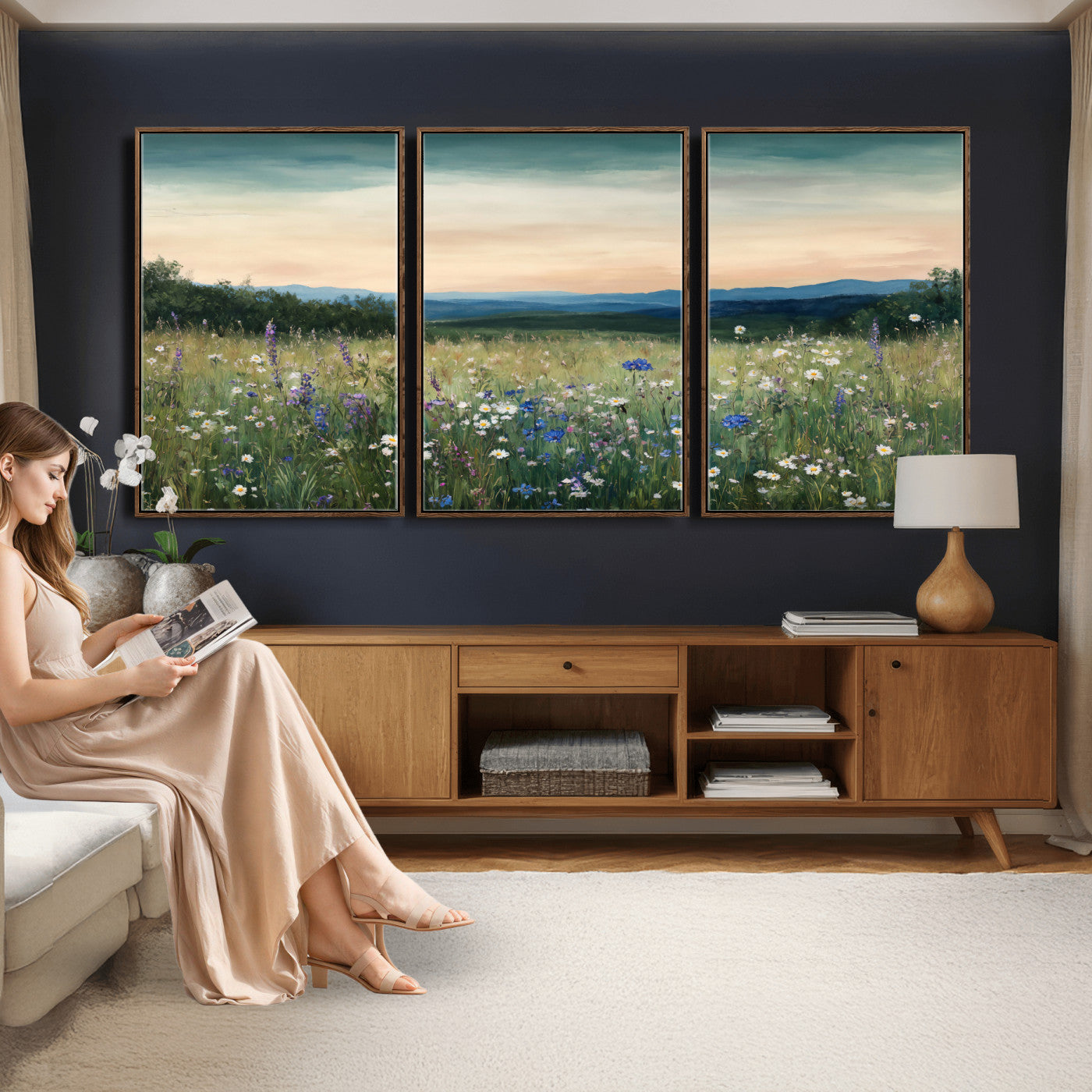 35773805-MGV-CV-36X24 - Wildflower Meadow Oil Painting Canvas — Daisy Lavender Mountain Sunset Print | Cottagecore Floral Wall Art | Bedroom Decor Gift for Her