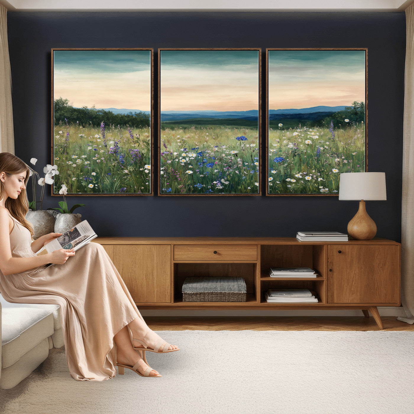 35773805-MGV-CV-36X24 - Wildflower Meadow Oil Painting Canvas Print - Daisy Lavender Mountain Sunset Print | Cottagecore Floral Wall Art - Bedroom Decor Gift for Her