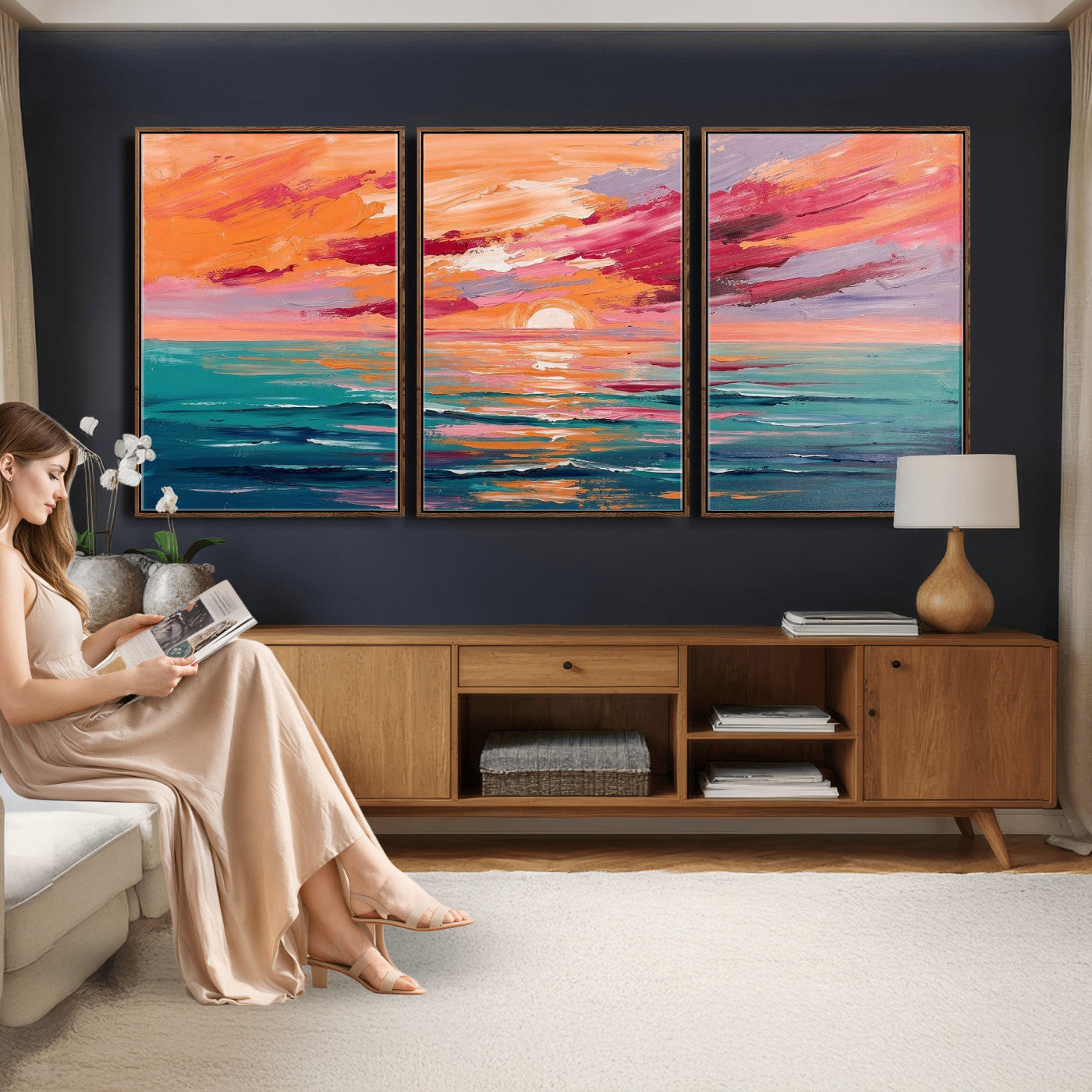 26763902-MGV-CV-36X24 - Bold Palette Knife Ocean Sunset Canvas — Orange Pink Teal Expressionist Sea Print | Colorful Coastal Wall Art | Vibrant Beach Decor Gift