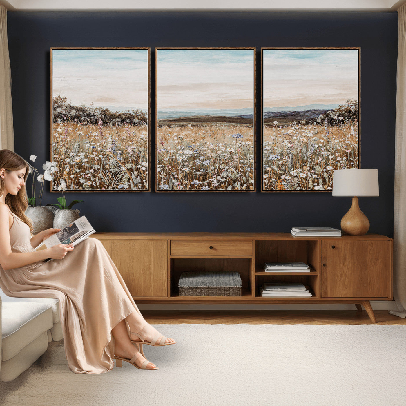 F35773805-MGV-CV-36X24 - Neutral Wildflower Field Canvas Wall Art — Beige Earth Tone Botanical Meadow Print | Farmhouse Boho Decor | Bedroom Living Room Gift Her