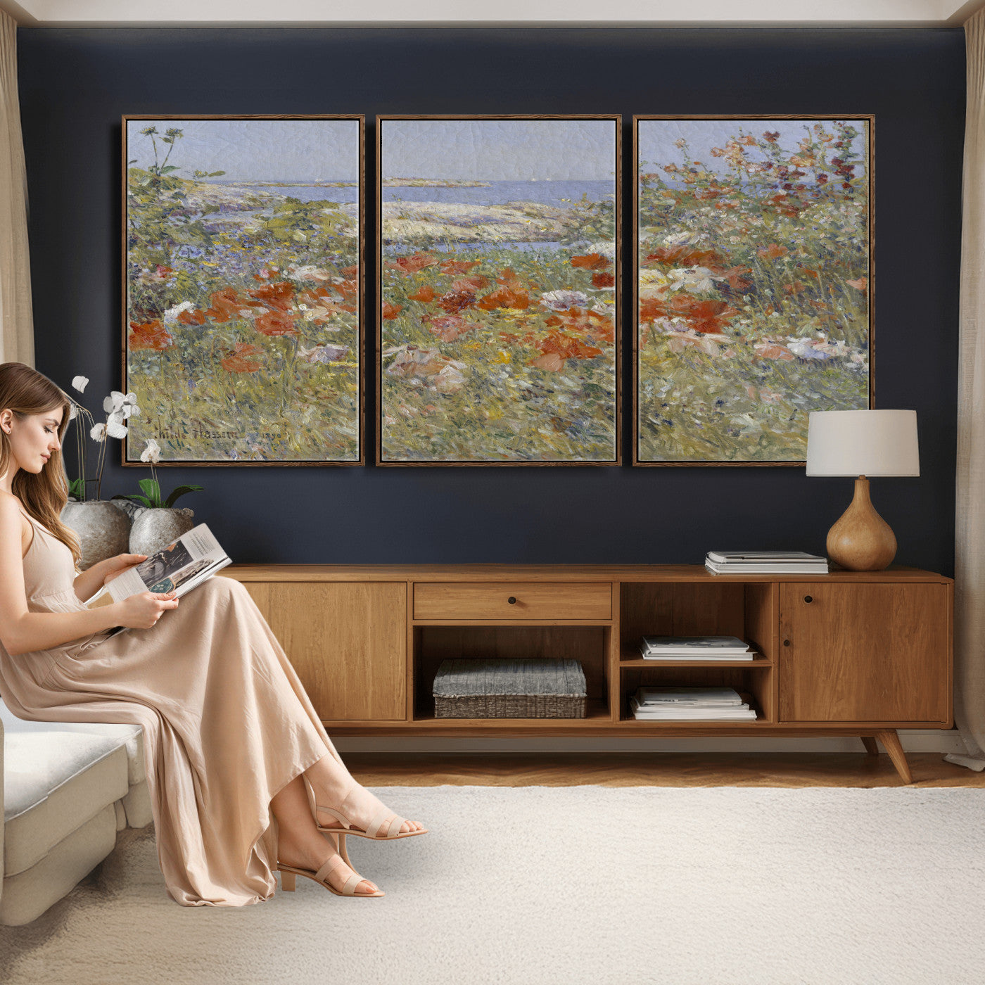 54770907-MGV-CV-36X24 - Childe Hassam Celia Thaxter Garden Canvas — 1890 American Impressionist Poppy Floral Print | Isles of Shoals Coastal Art | Classic Gift