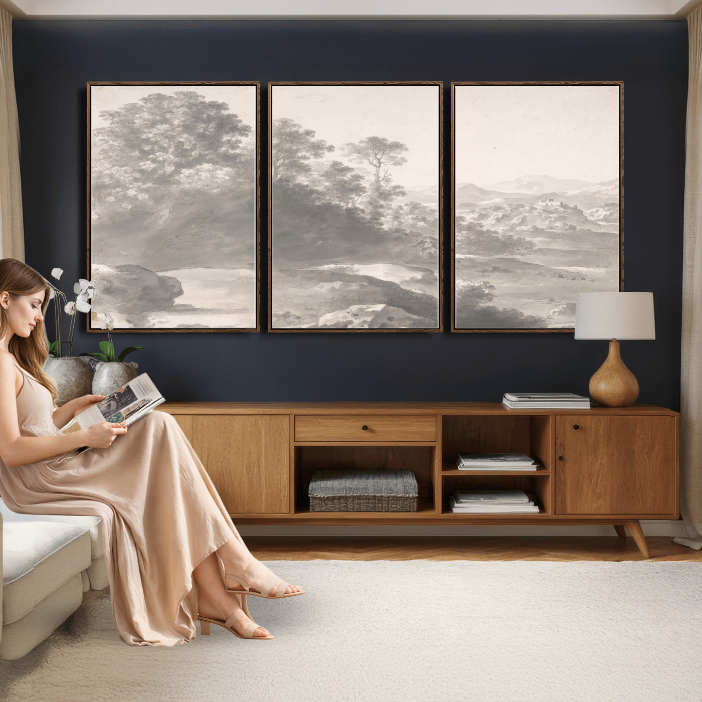 33041209-MGV-CV-36X24 - Van Poelenburch Landscape Canvas Wall Art — Dutch Golden Age Gray Wash Drawing Print | Baroque Italianate Nature Decor | Old Master Classic Gift