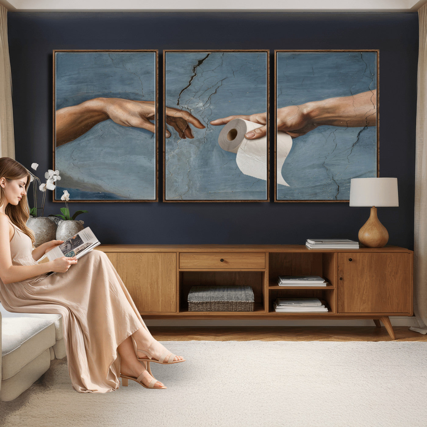 42648143-MGV-CV-36X24 - Funny Bathroom Canvas Wall Art, Michelangelo Creation of Adam Toilet Paper Parody, Renaissance Humor Print, Quirky Housewarming Gift, Toilet Room Decor