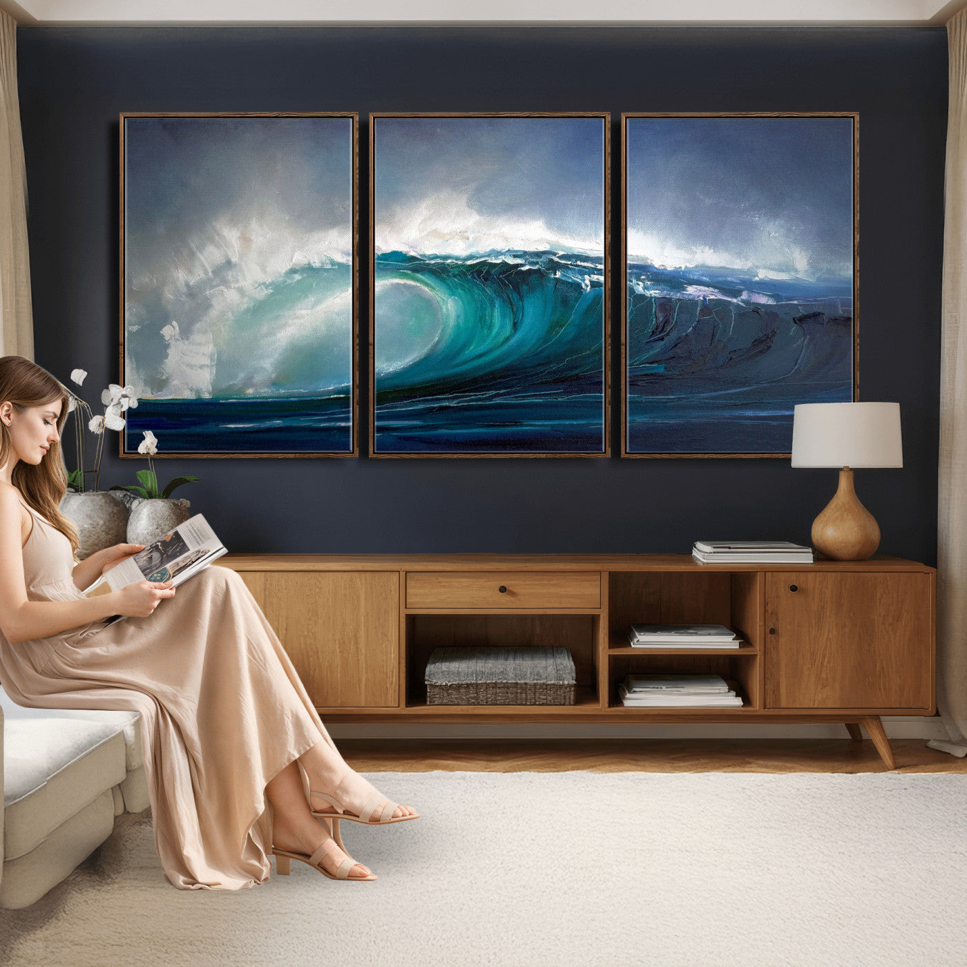 35491180-MGV-CV-60X30-3P - Ocean Wave Canvas Wall Art, Dramatic Teal Blue Seascape Oil Painting Print, Stormy Sea Coastal Decor, Large Beach House Art, Surf Wave Statement Art