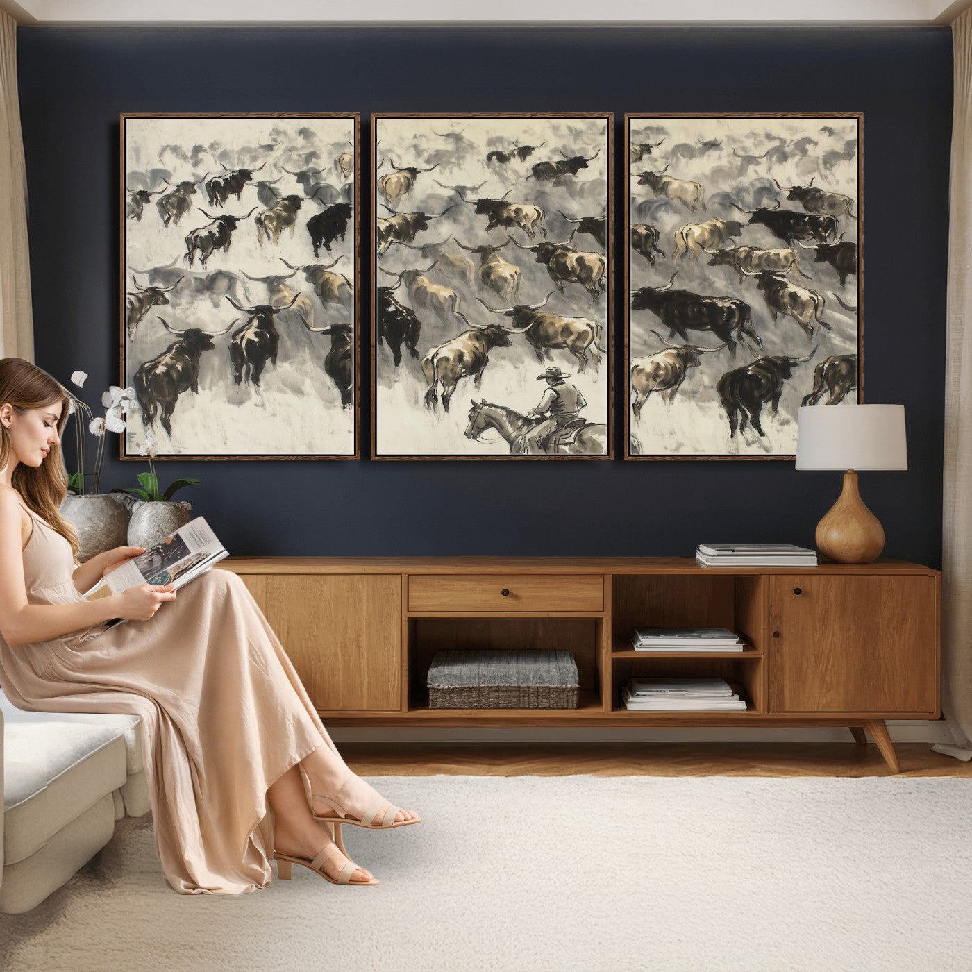 48049876-MGV-CV-36X24 - Cowboy Cattle Drive Canvas Wall Art, Western Longhorn Herd Ink Painting Print, Ranch Rodeo Decor, Black White Western Art, Large Living Room Art