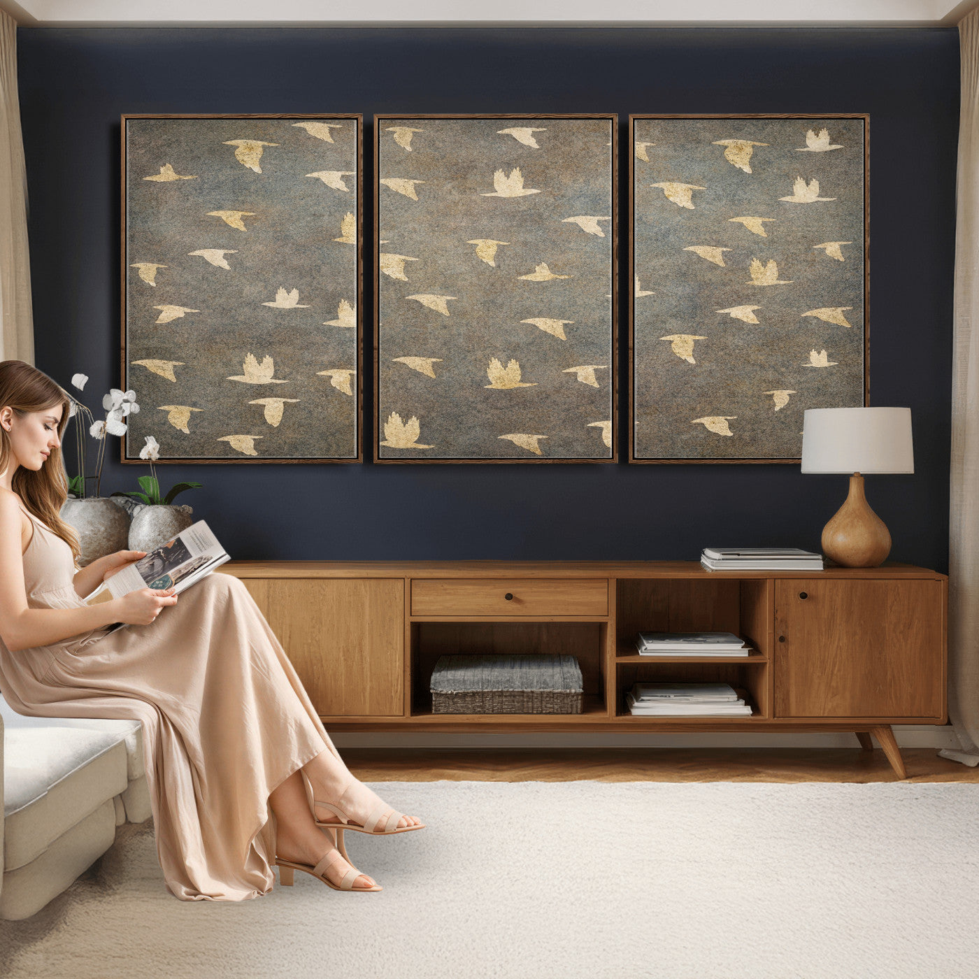 74076164-MGV-CV-36X24 - Flying Birds Canvas Wall Art, Vintage Bird Flock Pattern Print, Grey Gold Abstract Nature Decor, Rustic Bird Silhouette Art, Boho Living Room Decor