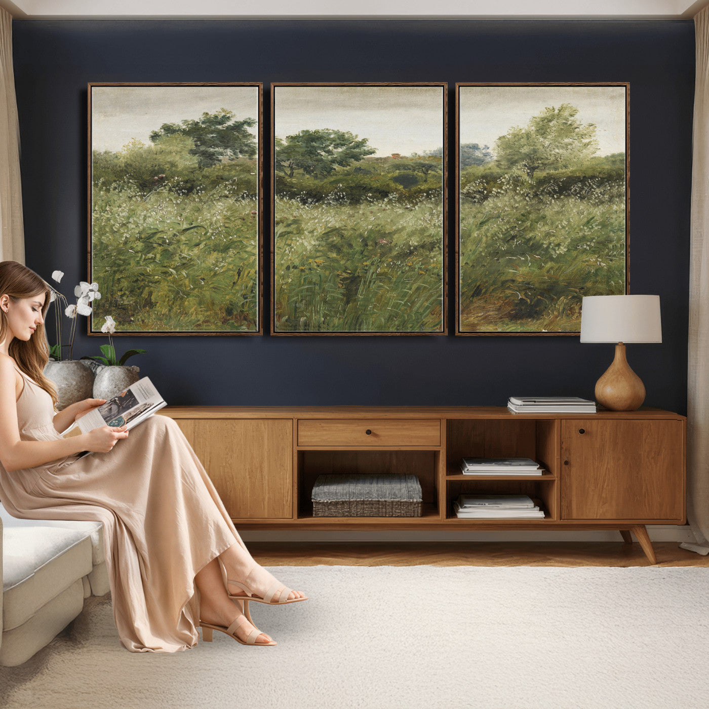 92328261-MGV-CV-36X24 - Wildflower Meadow Canvas Wall Art, Impressionist Overgrown Field Painting Print, Vintage Green Nature Decor, Cottagecore Botanical Art, Living Room Print