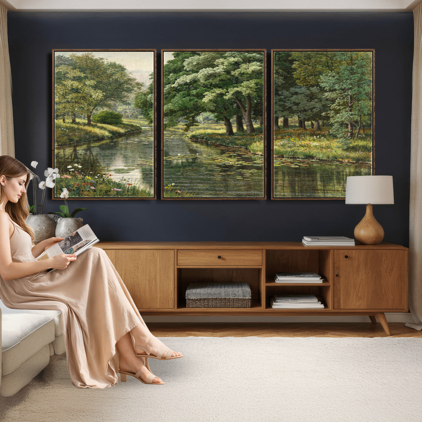 44288560-MGV-CV-36X24 - Forest Stream Canvas Wall Art, Peder Monsted A Forest Stream 1905 Print, Danish Realist Landscape, Lily Pad River Nature Decor, Vintage Green Painting