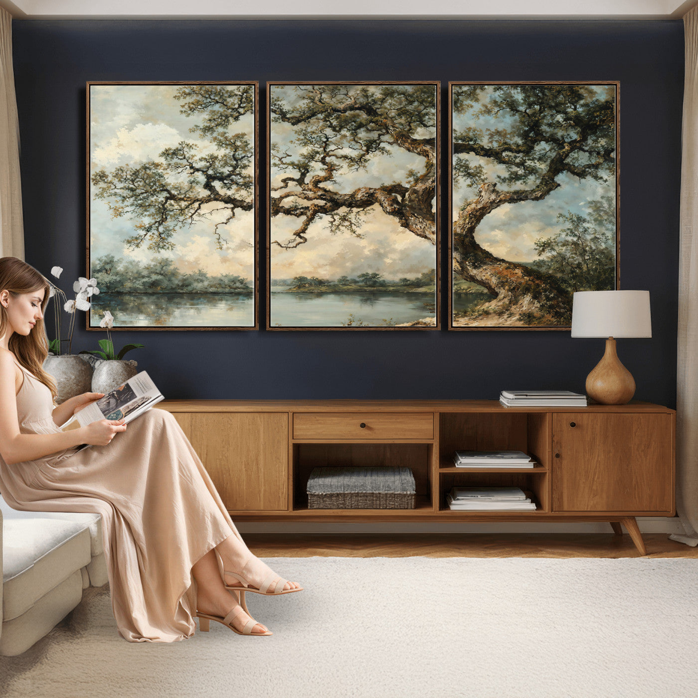 63857726-MGV-CV-36X24 - Old Oak Tree Canvas Wall Art, Turner Inspired Romantic Landscape Print, Vintage Nature Painting, Living Room Wall Decor, Antique Style Tree Art