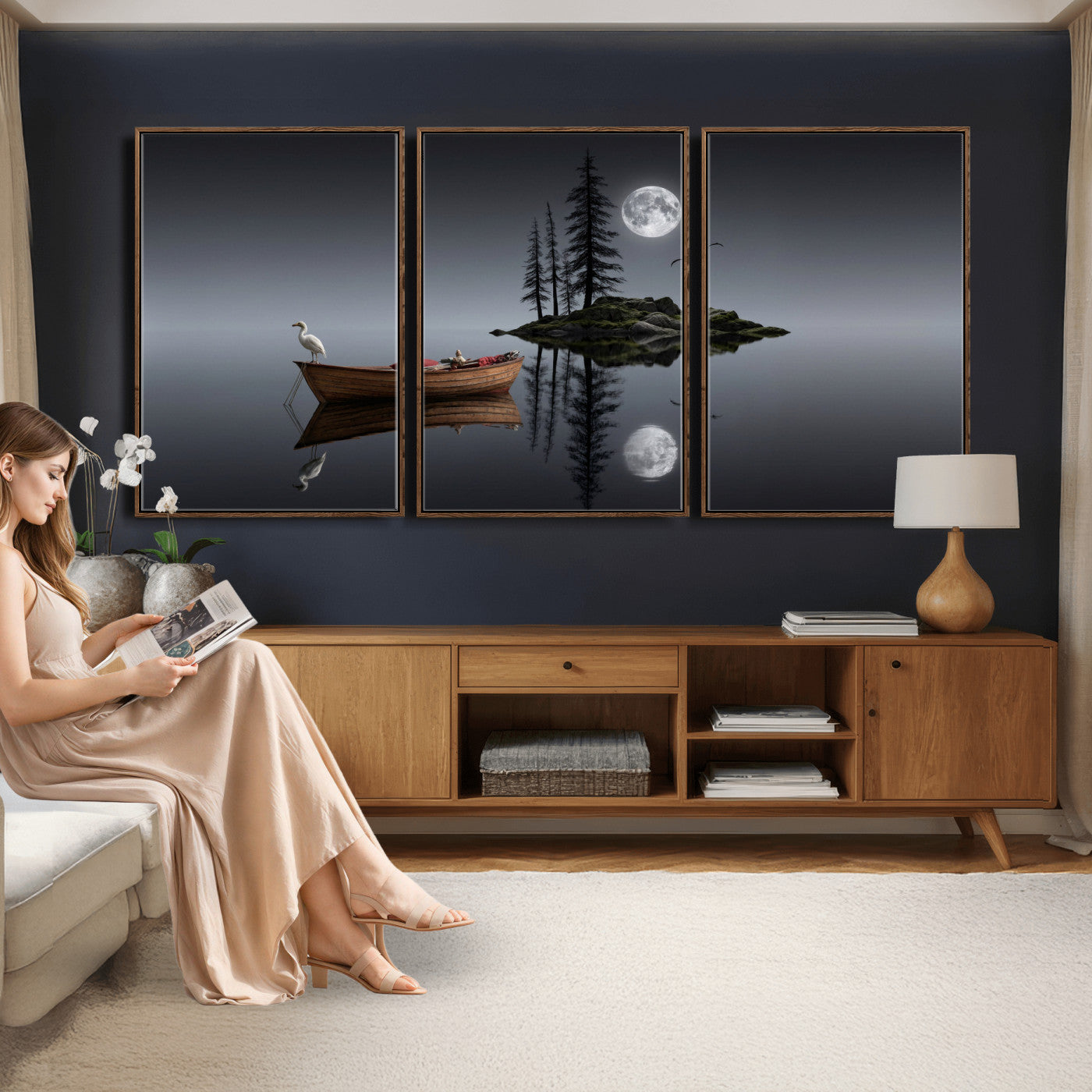 68839391D-MGV-CV-60X30-3P - Moonlit Lake Canvas Wall Art, Dreamy Boat Heron Full Moon Night Print, Dark Fantasy Nature Decor, Moody Bedroom Art, Surreal Landscape Wall Art