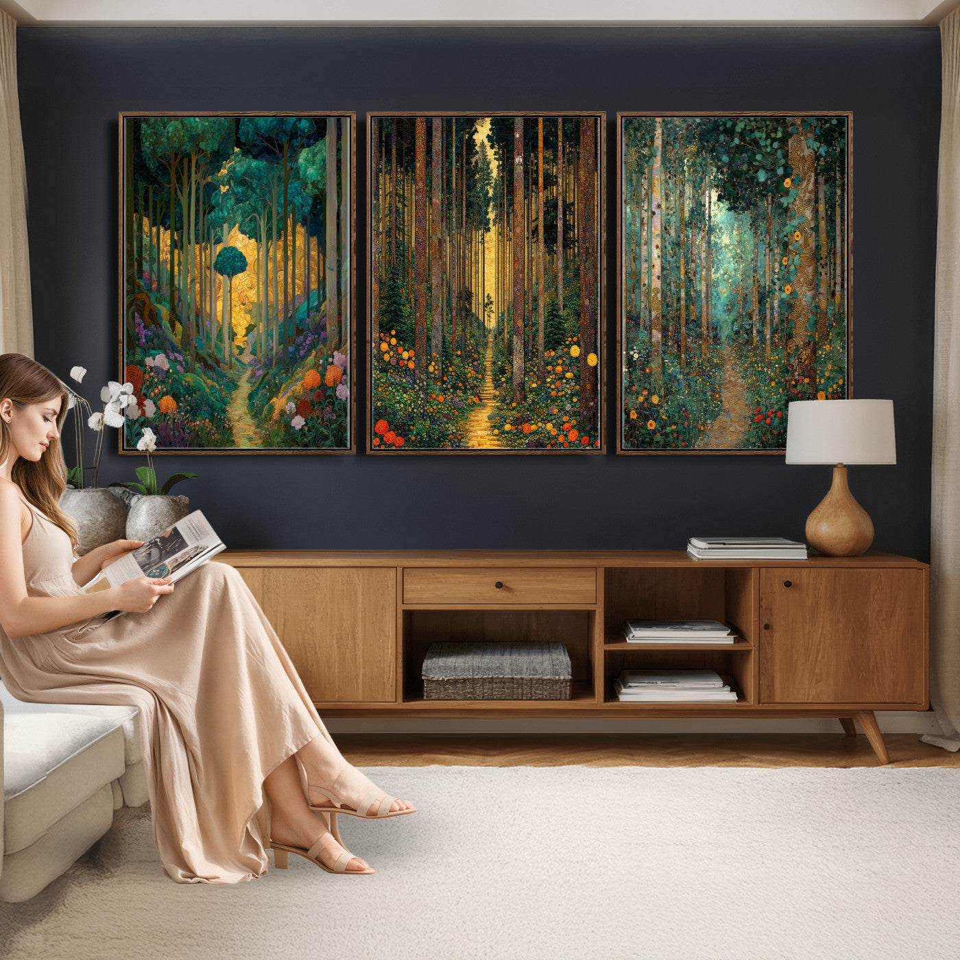 79483321-MGV-CV-60X30-3P - Gustav Klimt Style Forest Canvas Wall Art, Golden Forest Path Floral Art Nouveau Print, Enchanted Woodland Decor, Maximalist Colorful Nature Art
