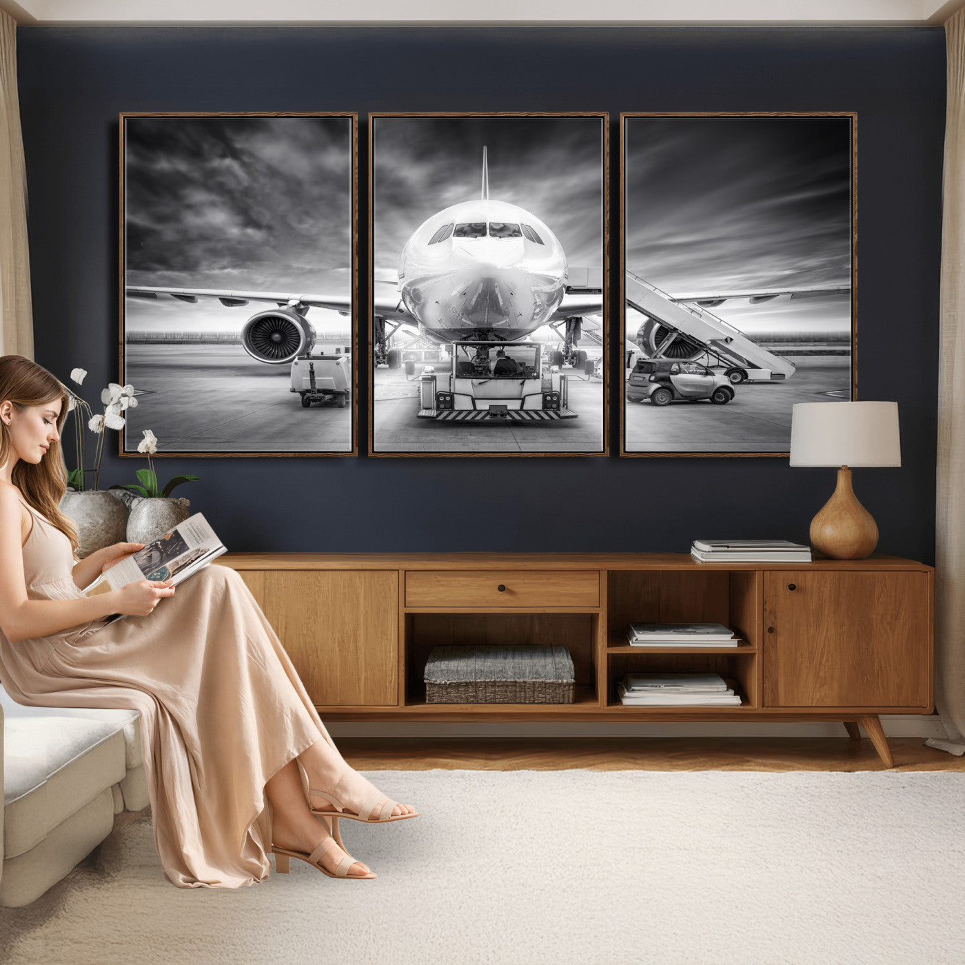 85885848-MGV-CV-36X24 - Airplane Wall Art Canvas Print, Black and White Jet Aircraft Airport Runway Framed Aviation Artwork for Pilot Office Hangar Travel Decor