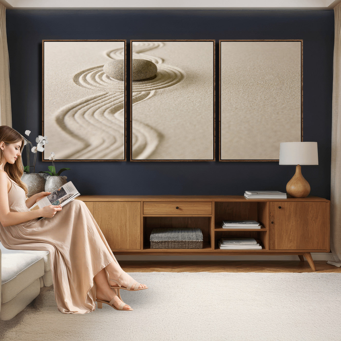 66852661-MGV-CV-36X24 - Zen Garden Stone Sand Canvas | Japanese Rock Garden Wall Art | Minimalist Meditation Print | Neutral Beige Mindfulness Decor