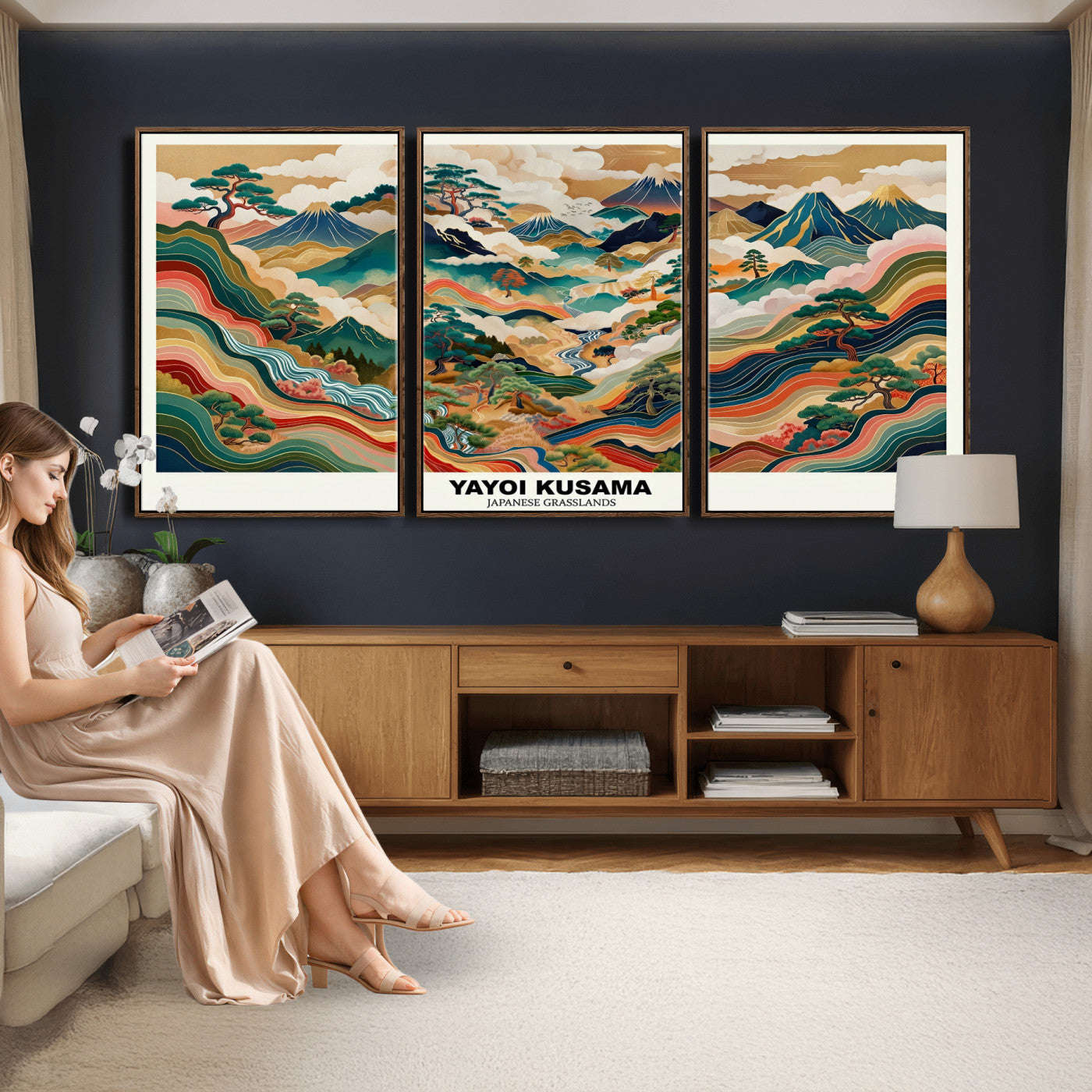 89903380-MGV-CV-60X30-3P - Japanese Grasslands Canvas Wall Art, Kusama Inspired Landscape Print, Colorful Japanese Nature Poster, Ukiyo-e Style Mountain Decor, Asian Art Print