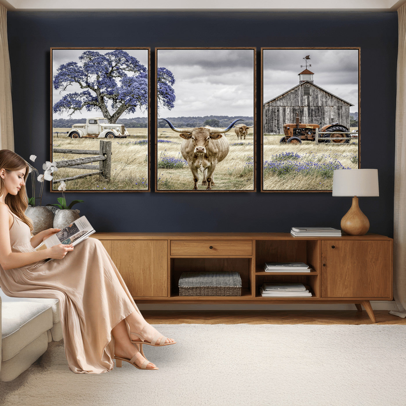 62336425-MGV-CV-60X30-3P - Texas Longhorn Canvas Wall Art, Rustic Farm Barn Bluebonnet Photography Print, Farmhouse Country Decor, Western Ranch Art, Old Truck Tractor Print