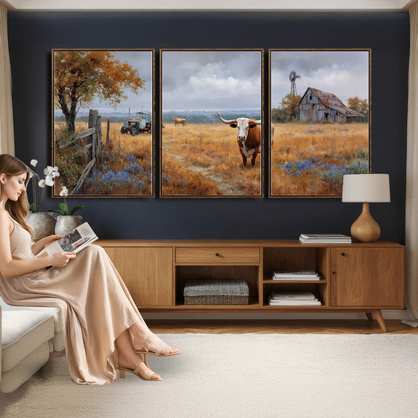 25324907-MGV-CV-60X30-3P - Texas Longhorn Canvas Wall Art, Rustic Farm Barn Bluebonnet Photography Print, Farmhouse Country Decor, Western Ranch Art, Old Truck Tractor Print