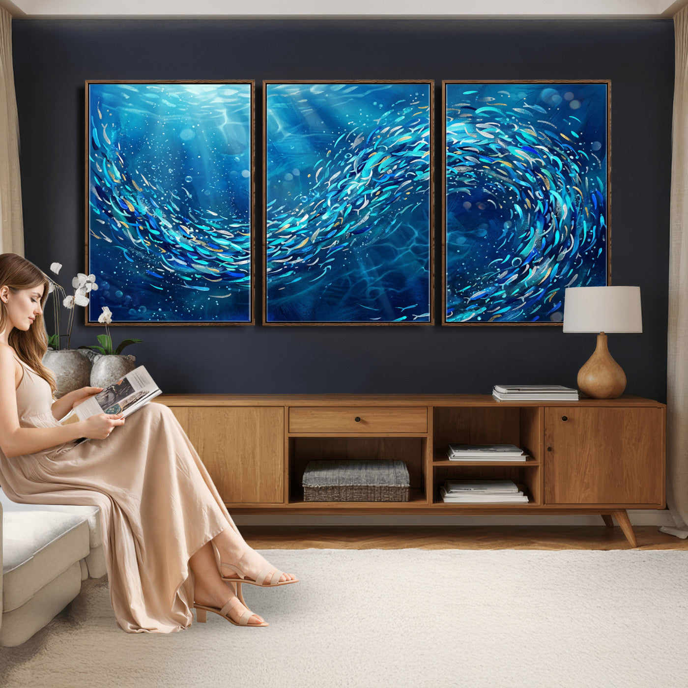 54535639-MGV-CV-36X24 - School of Fish Canvas Print | Blue Ocean Underwater Wall Art | Swirling Fish Shoal Illustration | Marine Navy Coastal Decor