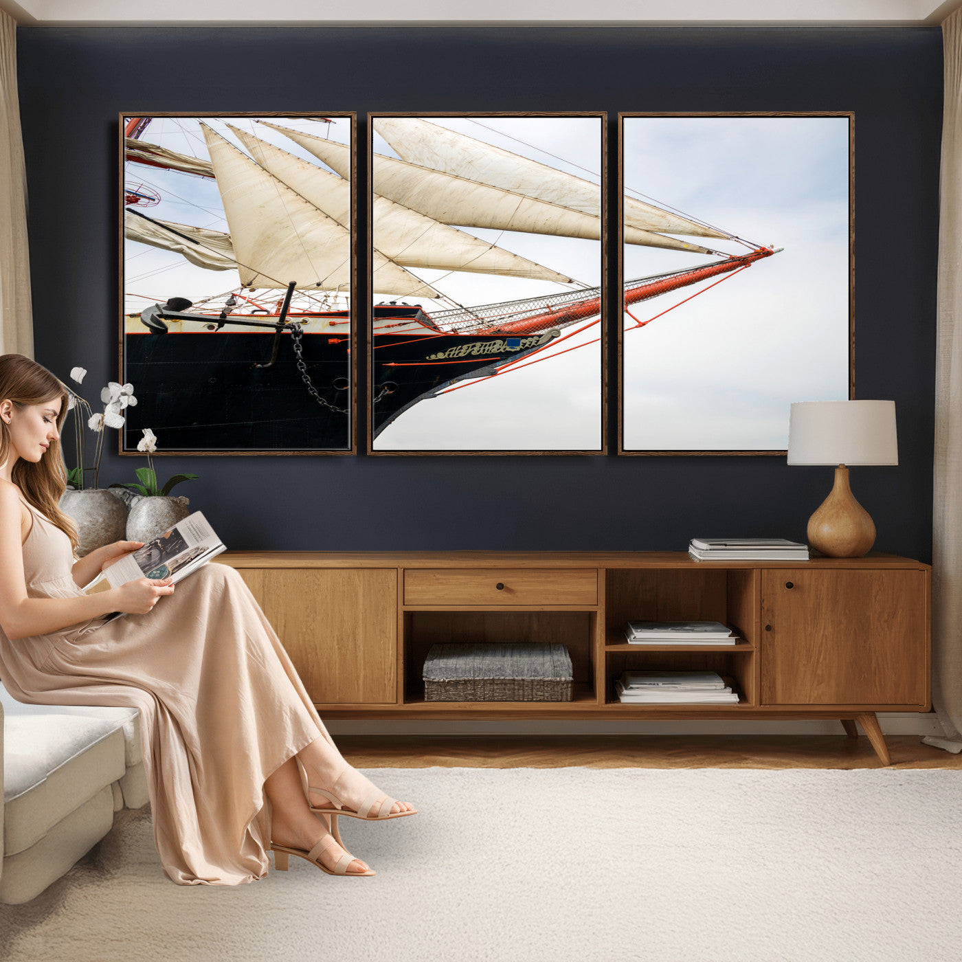 64830036-MGV-CV-36X24 - Sailboat Wall Art Canvas Print, Vintage Ship Bow Framed Artwork, Nautical Sailing Decor for Living Room Office Beach House