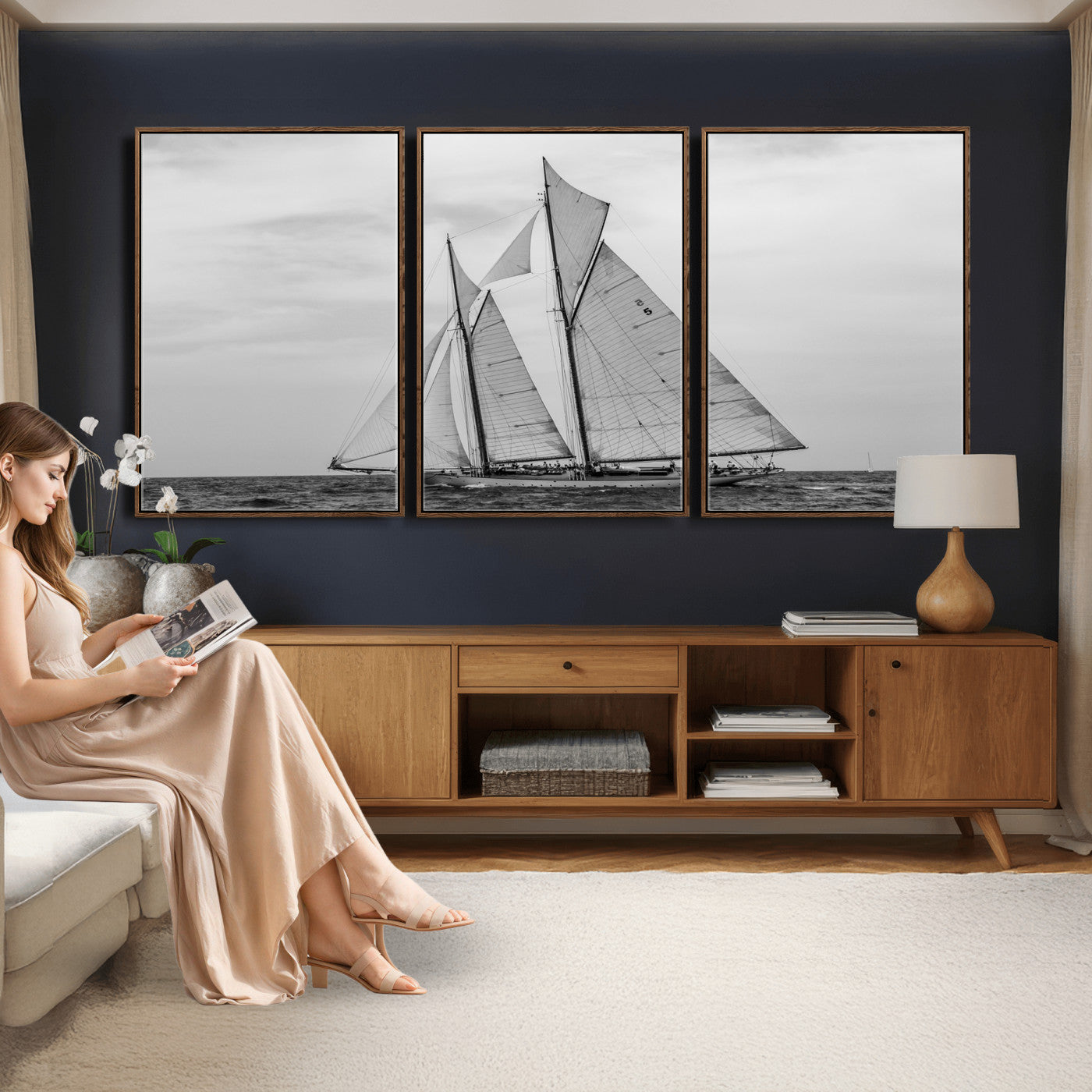 52882918-MGV-CV-36X24 - Vintage Sailboat Wall Art Canvas Print, Black and White Schooner Framed Artwork, Nautical Ocean Sailing Decor for Living Room Office Beach House