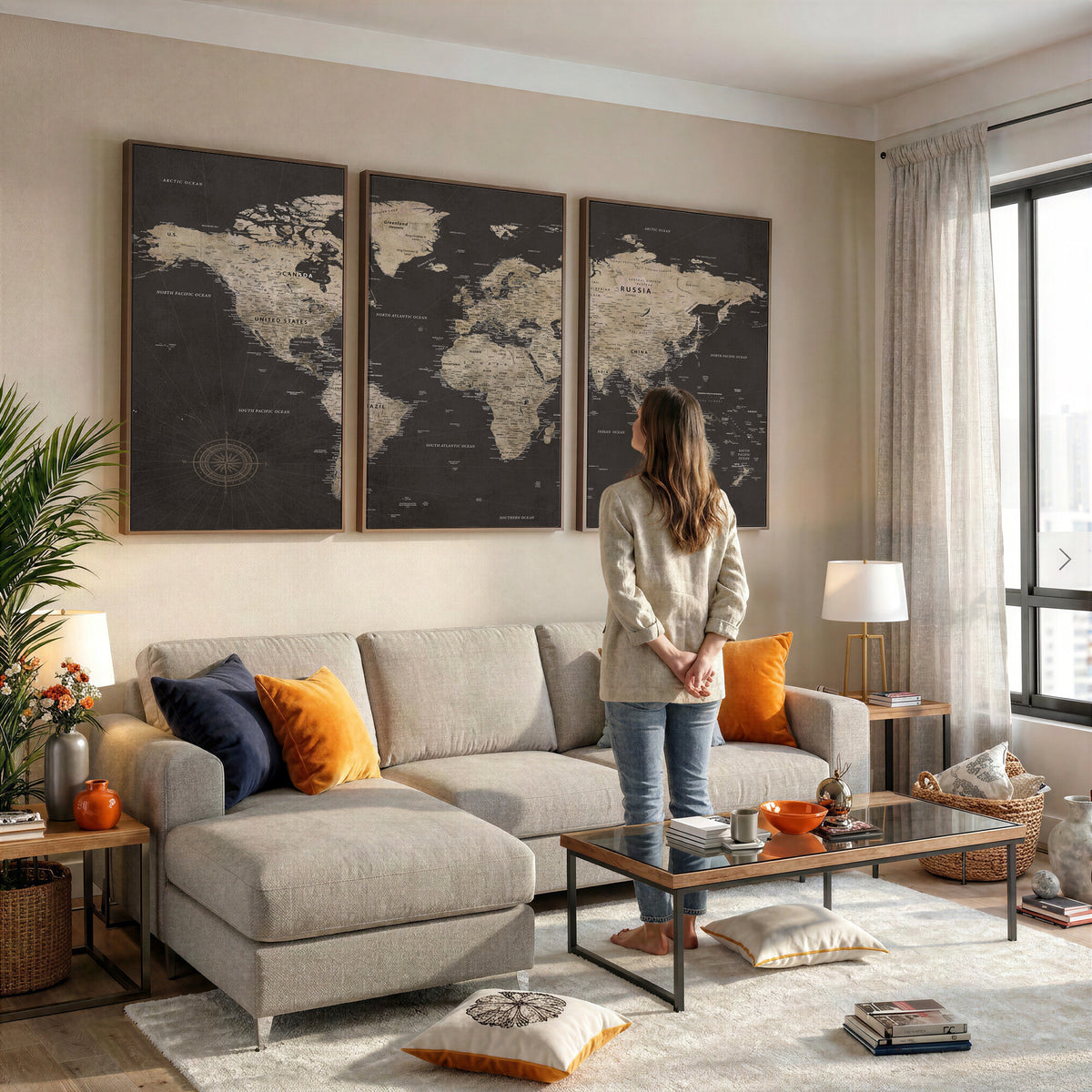 56556018136-MGV-CV-36X24 - World Map Canvas Wall Art, Dark Charcoal and Antique Tan Detailed Map