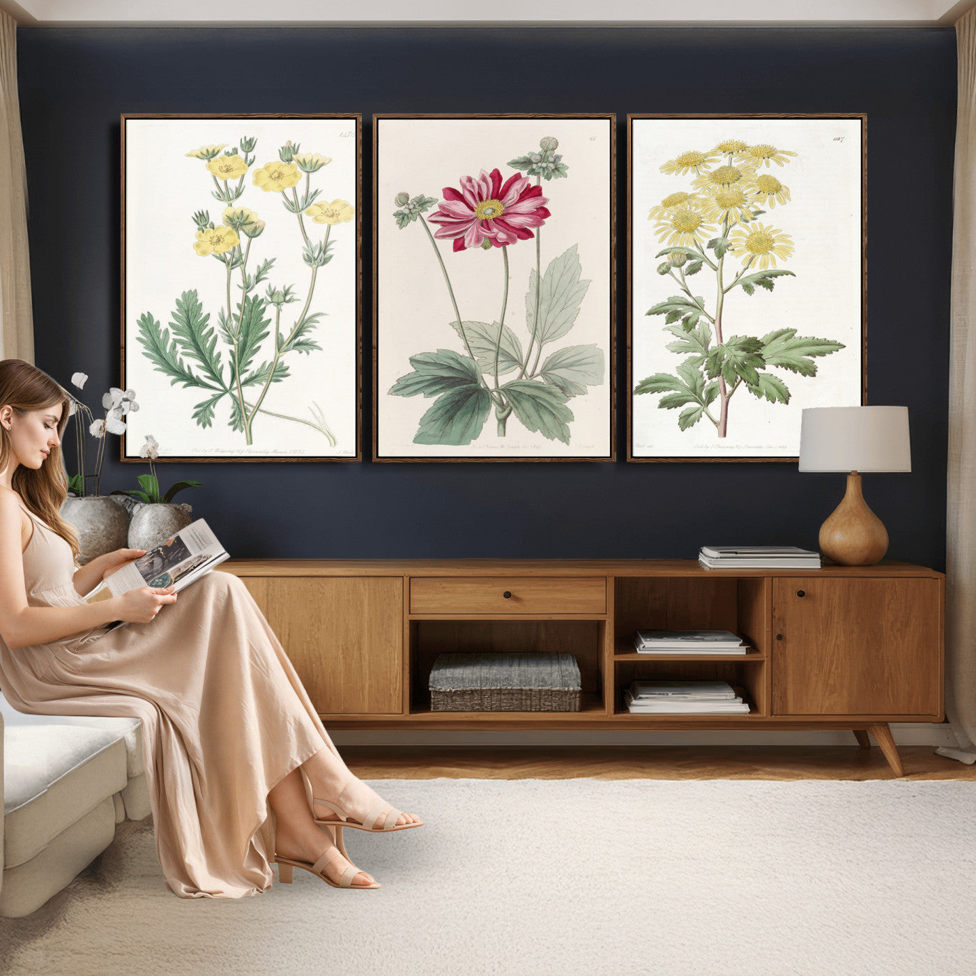 17622011MF-MGV-CV-60X30-3P - Antique Botanical Canvas Wall Art, Victorian Flower Illustration Triptych Print, Cottagecore Vintage Botanical Decor