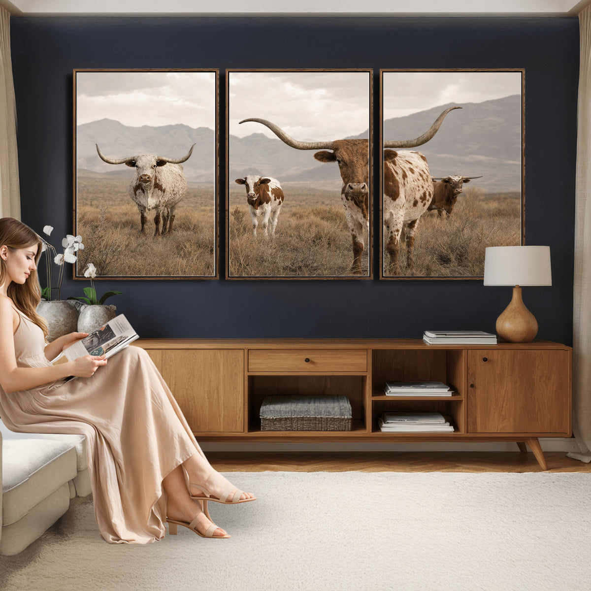 62336425AD-MGV-CV-36X24 - Rustic Texas Longhorn Cow Canvas Wall Art Print, Rustic Farm Animal Photography Print, Farmhouse Country Decor, Western Ranch Art