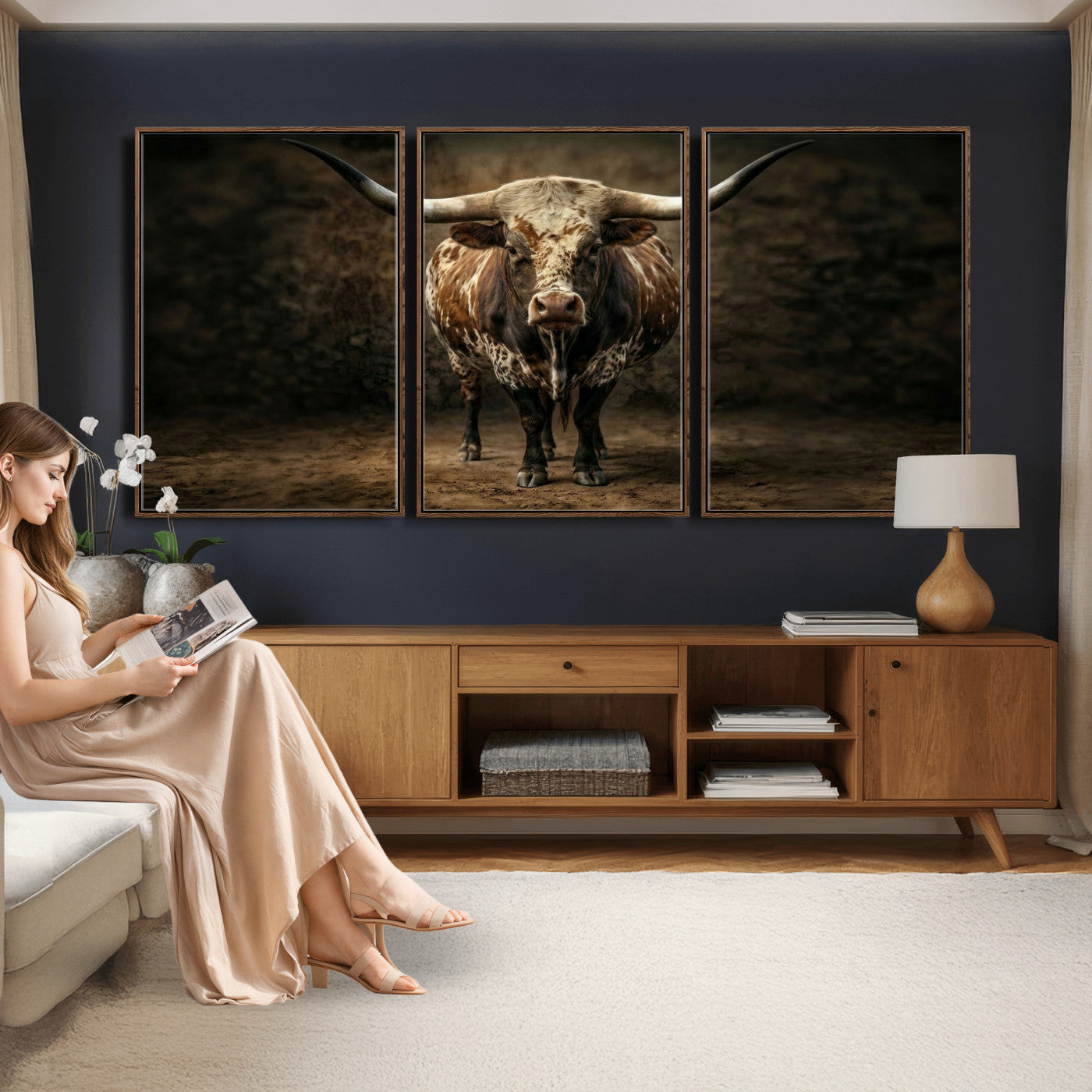 59378683-MGV-CV-60X30-3P - Texas Longhorn Bull Canvas Wall Art, Western Ranch Cattle Photography Print, Rustic Farmhouse Cowboy Decor Artwork