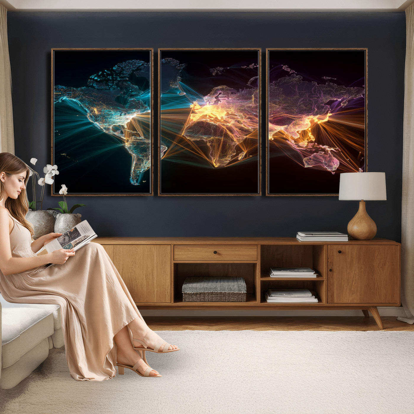 14891737-MGV-CV-36X24 - World Map and Global Flight Routes Map Canvas Wall Art, Worldwide Aviation Network Print, International Air Travel Wall Decor